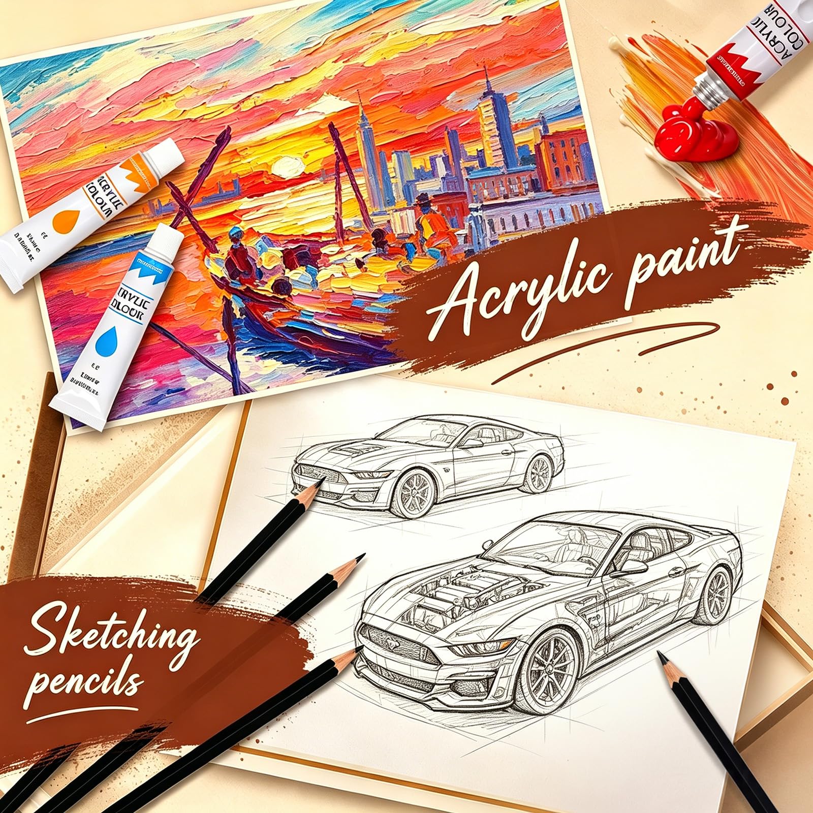 Set da pittura da 82 pezzi con cavalletto da tavolo, set completo di arte per adulti, artisti e principianti, incl. colori acrilici, colori ad acquerello, matite per schizzi, pastelli, pastelli a olio