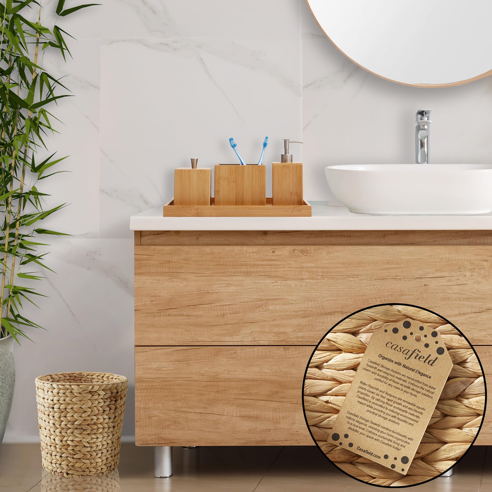 Casafield Water Hyacinth Waste Basket - Natural, Woven Trash Can for Bathroom, Bedroom, Laundry Room, Home Office