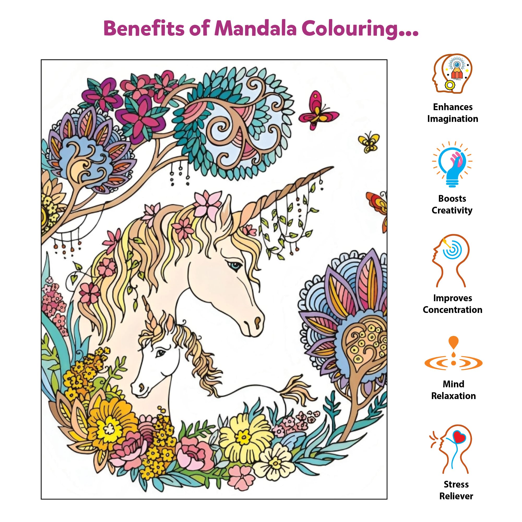 Little Berry Unicorn Mandala Art Colouring Kit for Adults & Kids | Art & Craft Kit for Girls 9-12 | Colouring Set with 24 Big Sheets, Sketch Pens & Wooden Board | Gift & Creative Coloring Fun 2