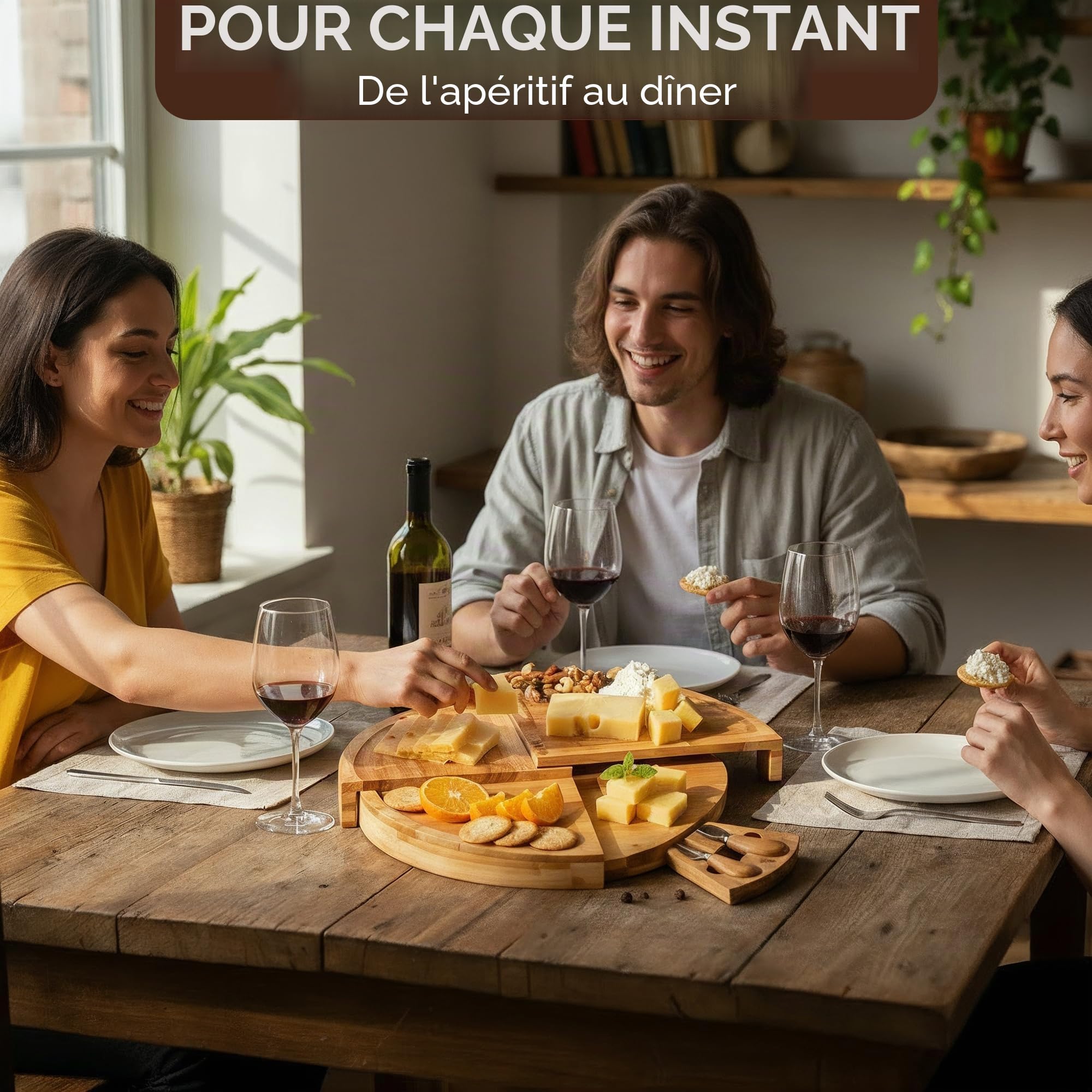 Plateau de Service en Bambou - Plateau à Fromage et Charcuterie Avec Set de Couteaux - Planche en Bois