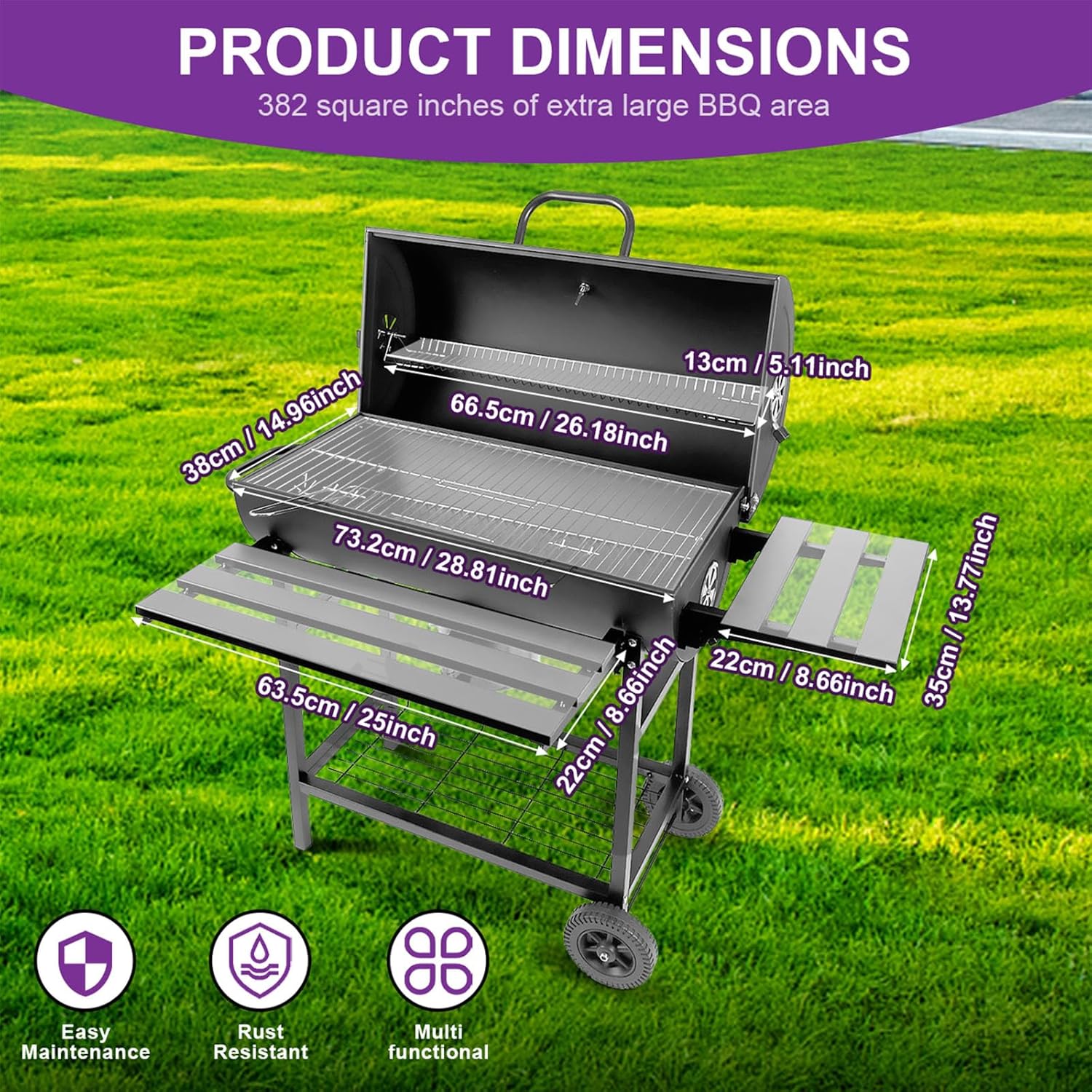 Charcoal BBQ Grill with Thermometer & Foldable Side Table, 565 sq in Cooking Space Large Charcoal Grills, Barrel Charcoal Grills for Backyards Picnic Cookouts