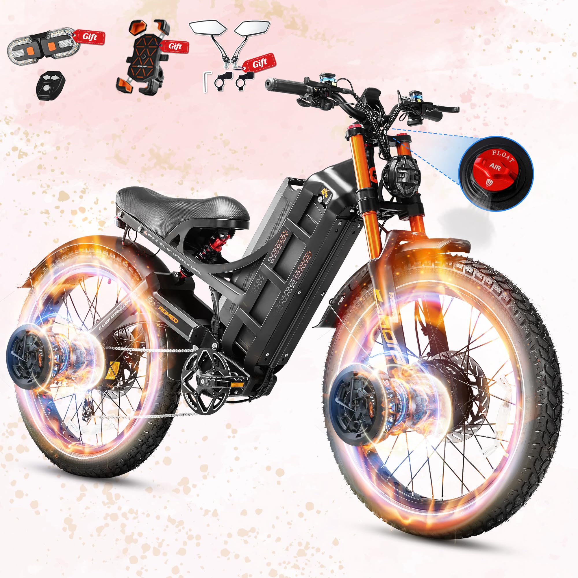 eAhora 2026 Romeo Pro 3/2 52-46Mph Electric Bike for Adults 6000W/4000W/2500W Dual Motor Ebike 60V/80Ah 52V/70Ah Long Range Fat Tire Full Suspension Electric Mountain Bicycle