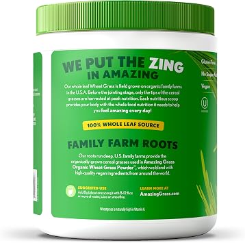 Amazing Grass Wheat Grass Powder: 100% Whole-Leaf Wheat Grass Powder for Energy, Detox & Immunity Support, Chlorophyll Providing Greens, 30 Servings