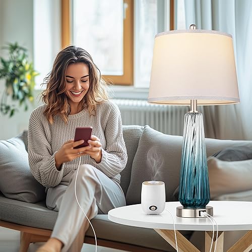 Miniatura 5 de Lámparas de mesa de cristal para sala de estar, modernas lámparas de noche con puertos USB A+C, lámpara de mesa de noche con control táctil