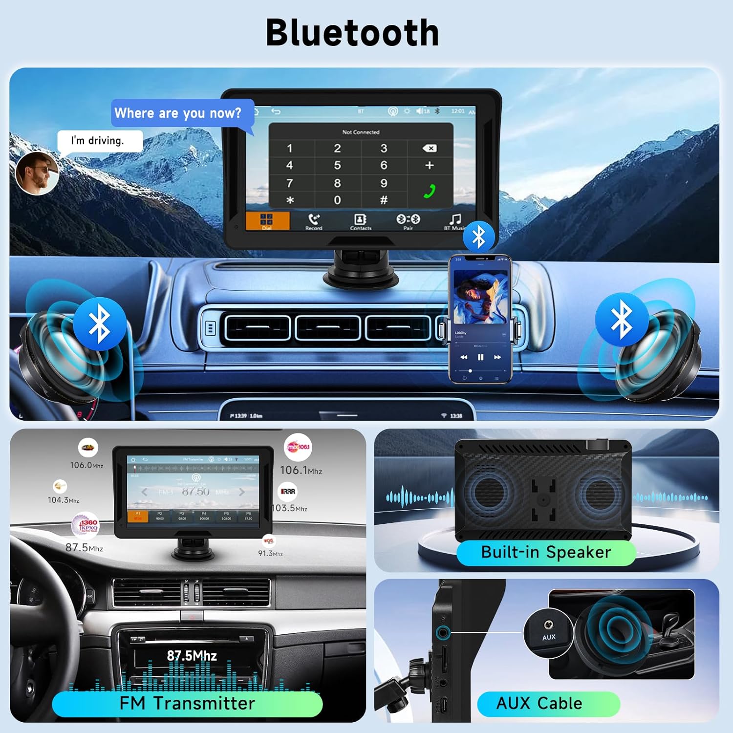 Hodozzy Bluetooth, FM Transmitter, and AUX Cable Connections