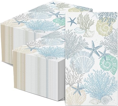 Miniatura 8 de Funrous 200 servilletas de conchas marinas a granel de 3 capas de verano para invitados, servilletas de mano con mar y océano, servilletas costeras
