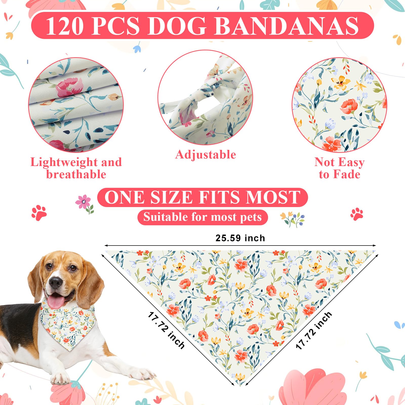 Reginary Paquete de 120 bandanas para perro, bufanda ajustable para perros de primavera, bufanda floral para mascotas, bufandas lavables triangulares, baberos para gatos y mascotas