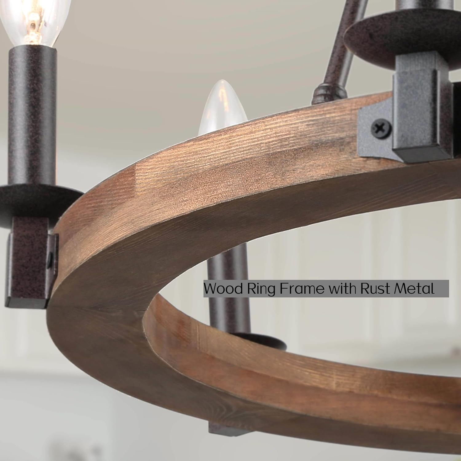 Farmhouse Wood Chandelier, Rustic Ring Wagon Wheel Wood Light Fixture for Dining Room, Kitchen Island, Living Room, Bedroom, and Foyer