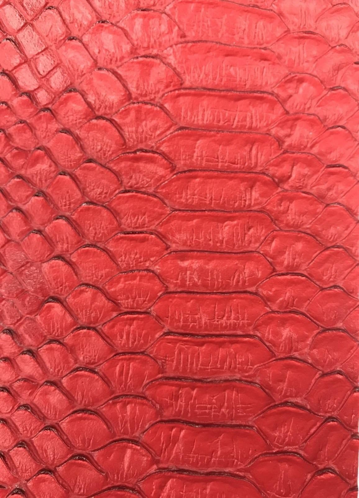 Vinyl Fabric - Red Faux Viper Snake Skin Vinyl - Faux Leather - 3D Scales Upholstery - Sold by The Yard.