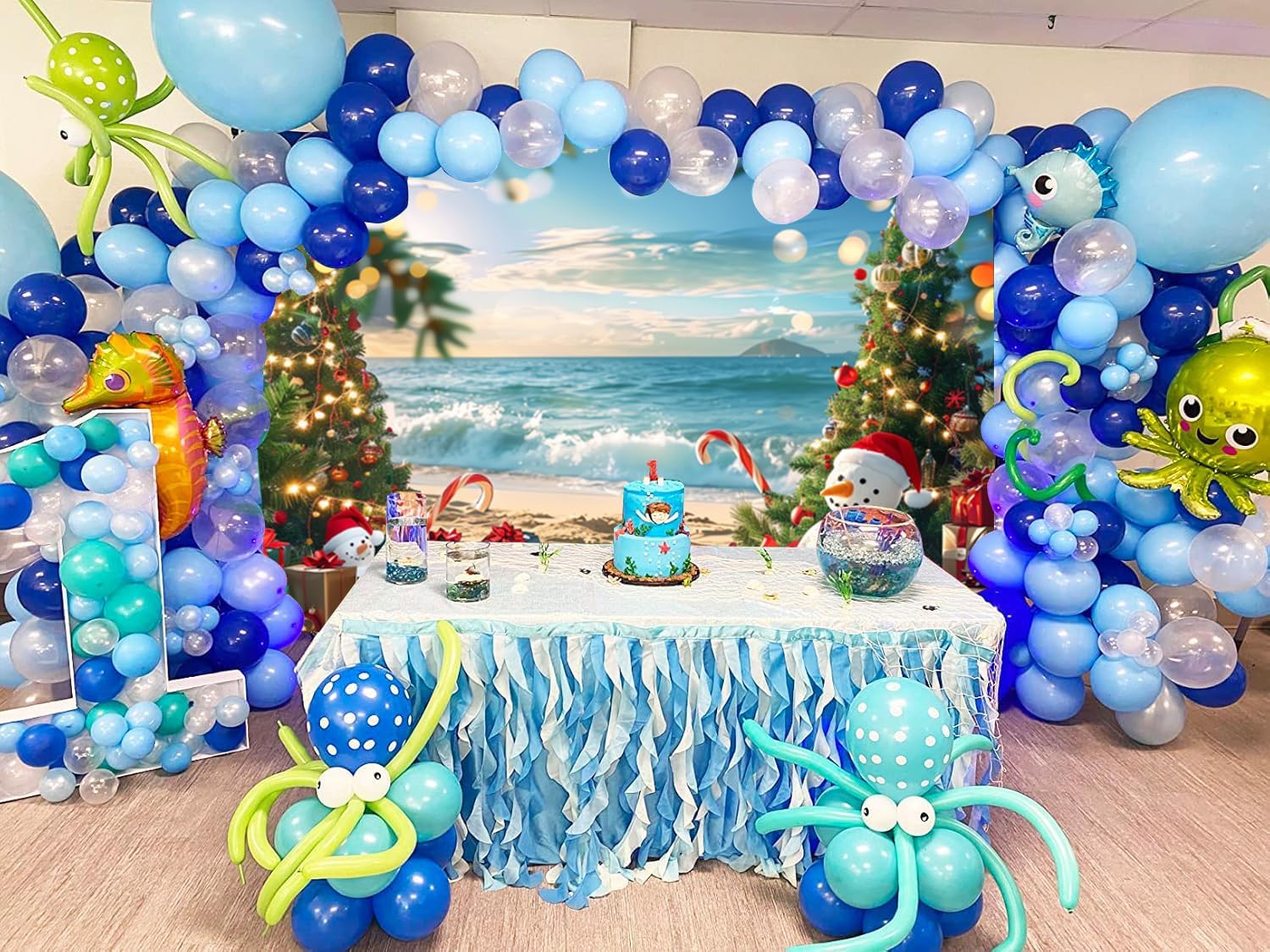 Summer Christmas in July Backdrop 10x8ft Tropical Hawaiian Beach Photography Background Snowman for Xmas Party Decoration Supplies Portrait Photoshoot Studio Photo Booth Props