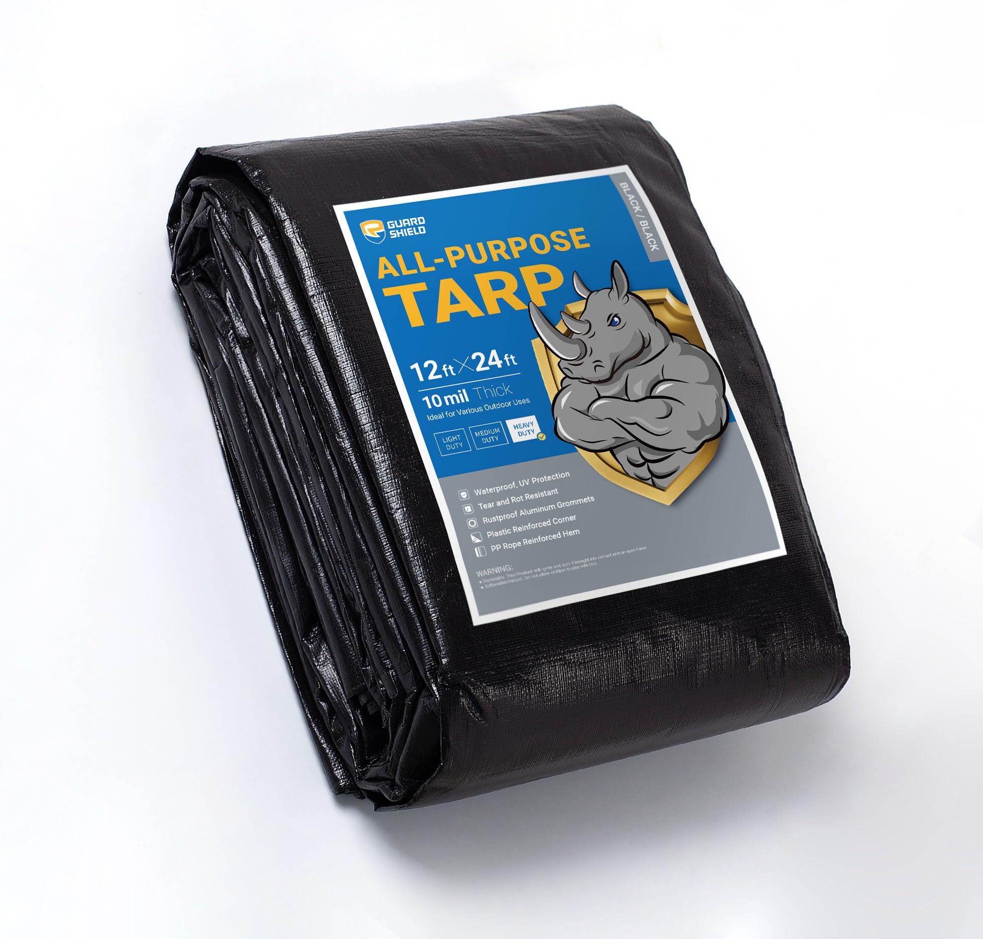 GUARD SHIELD Tarps Heavy Duty Waterproof 12x24 Feet Black Poly Tarp Cover Square Outdoor Thick UV Resistant Tarpaulin with Grommets 10mil