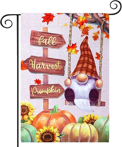 Bandera de jardín de bienvenida de otoño, 12.5 x 18 pulgadas, vertical, de doble cara, gnomo a cuadros con soporte de fútbol, decoración de otoño