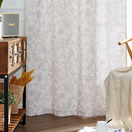 Miniatura 7 de Lazzzy Cortinas de lino con estampado floral gris de 96 pulgadas de largo, cortinas con pestaña trasera para sala de estar y dormitorio, cortinas