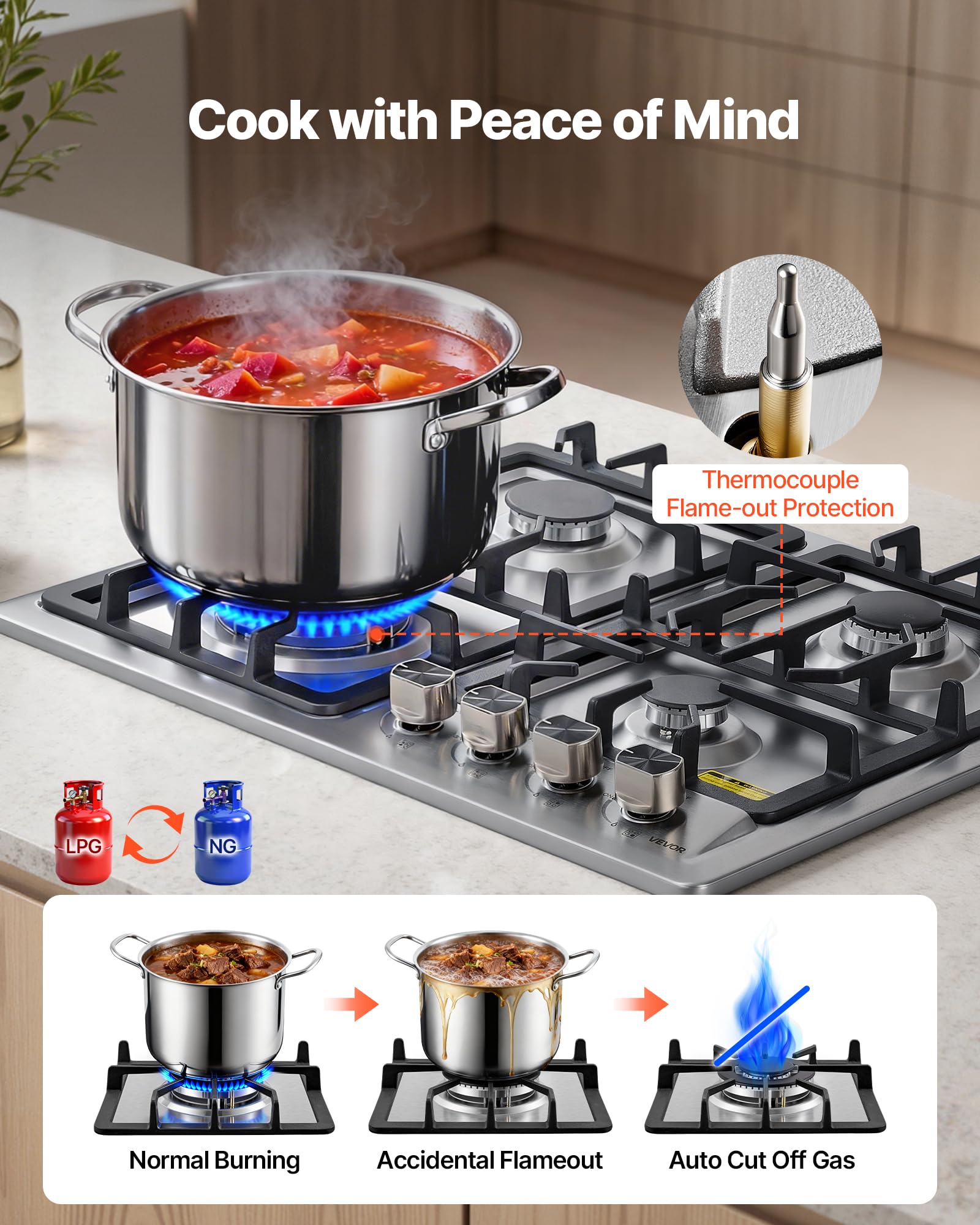 VEVOR 24 inch Gas Cooktop 4 Burners Gas Stove Top, Max 27000BTU Built-in Stainless Steel Stove Top LPG/NG Convertible Dual Fuel Cooktop Stoves with Thermocouple Protection for Kitchen Apartment Rvs 24 inch 4 Burners - 3