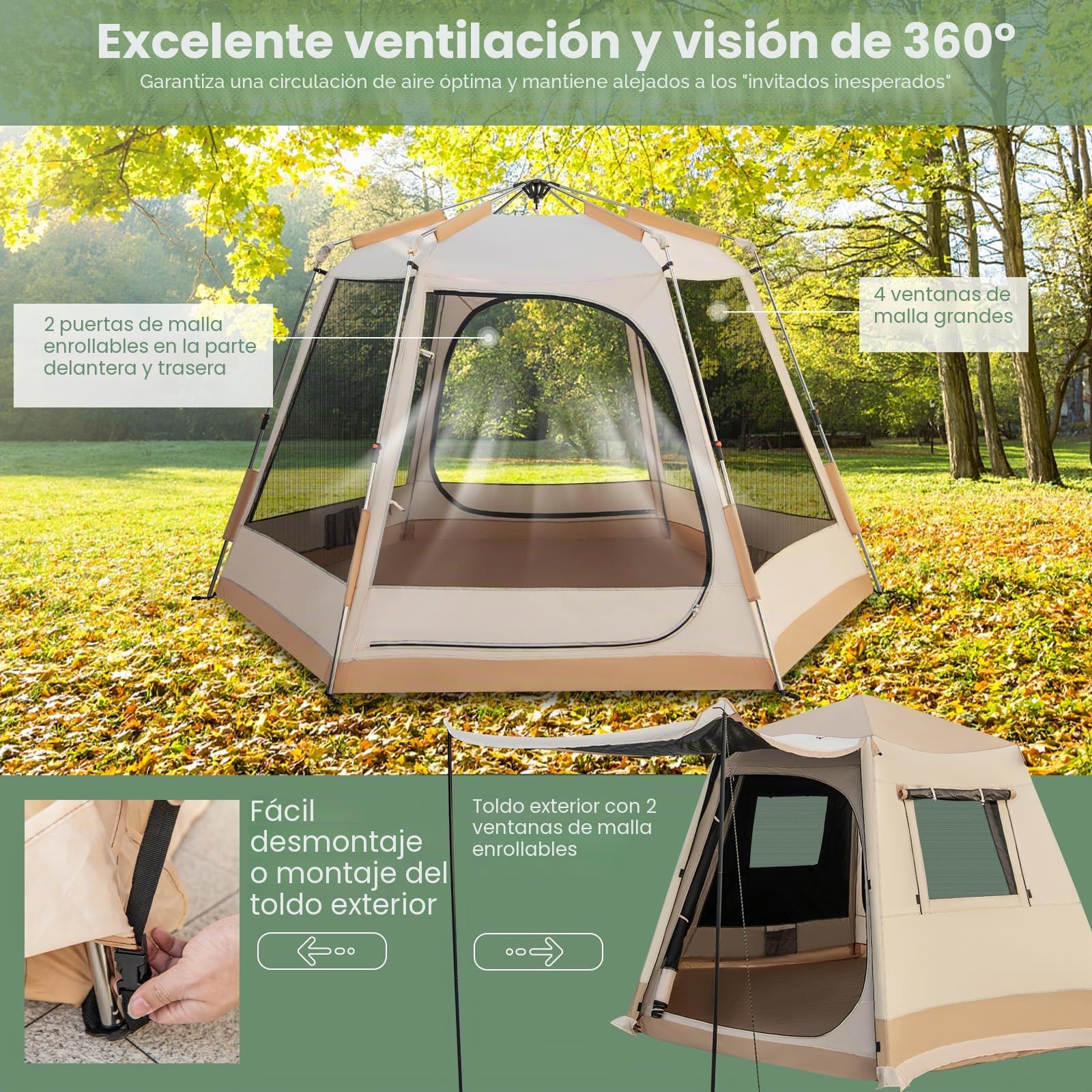 GOPLUS Tienda de campaña impermeable para 4-6 personas, tienda automática con columna de agua de 2500 mm, tienda de campaña con toldo, bolsa, 2 entradas y 4 ventanas, tienda instantánea para viajes y