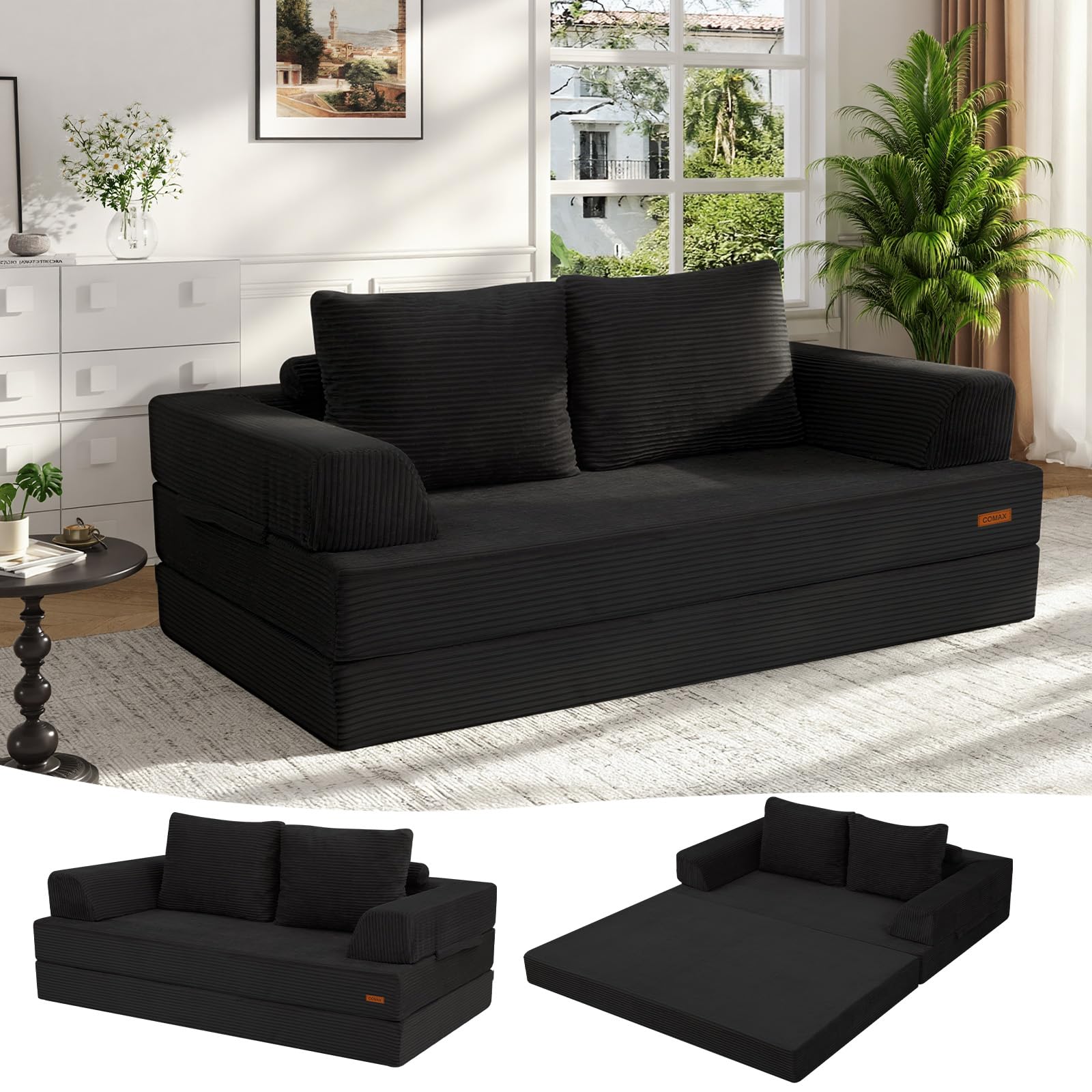 COMAX Convertible Sofa Bed, Folding Floor Couch Corduroy Fold Out Couch Bed Futon Sleeper Mattress with Pillows, Boneless Sofa Comfy Lounge Loveseat for Living Room Bedroom, Black