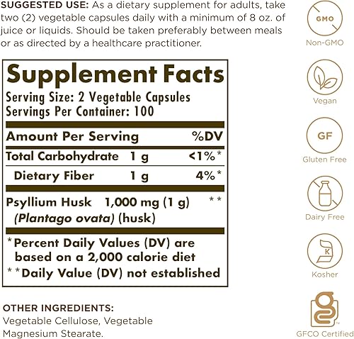 Miniatura 2 de Solgar Psyllium Husks Fiber 500 mg – 200 cápsulas vegetales – Sin OMG, vegano, sin gluten, sin lácteos, Kosher – 100 porciones
