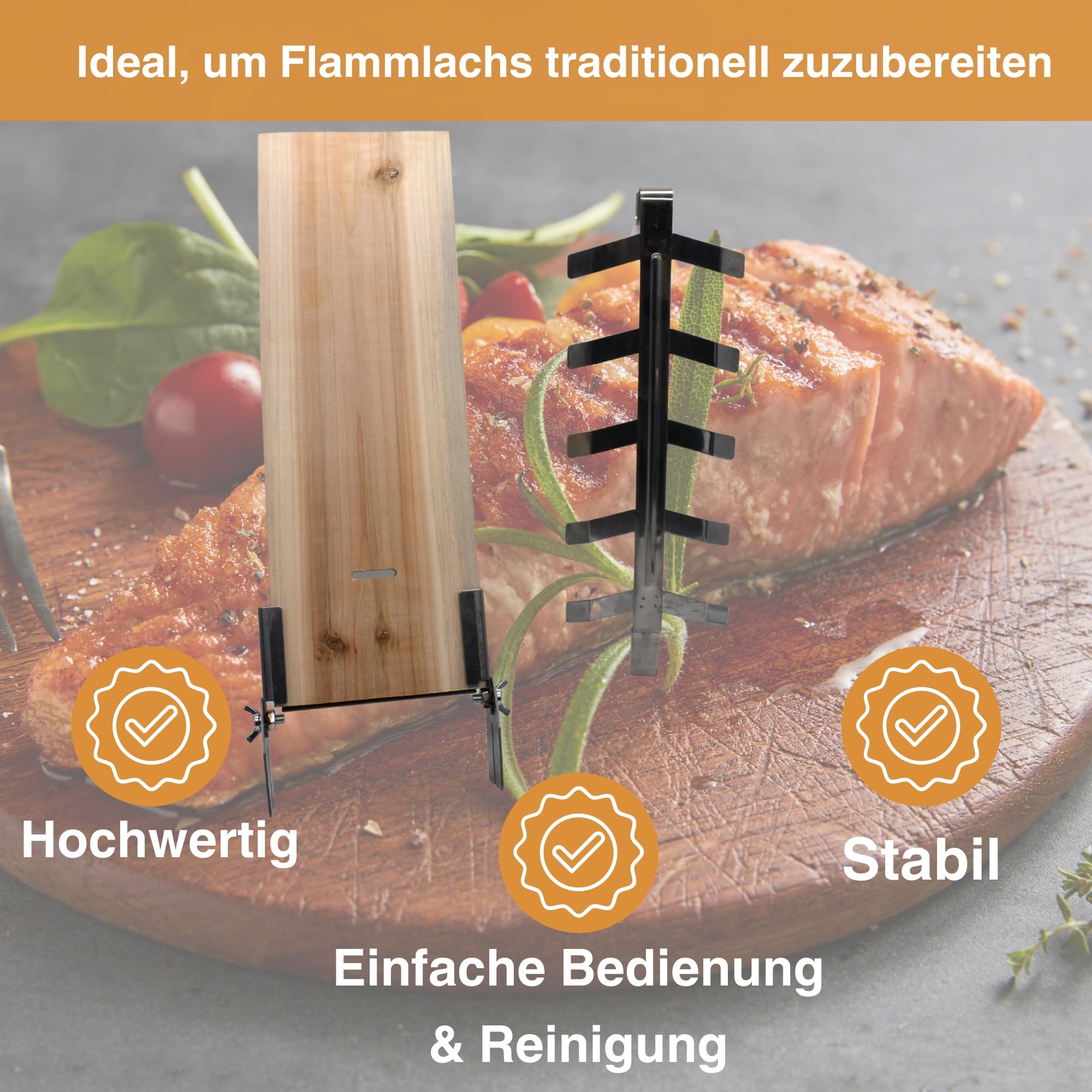 Flammlachsbretter 2er Set Räucherbretter für Lachsfilet Flammlachsbrett für Feuerschale aus Zedernholz mit Winkelsystem Befestigung aus Edelstahl & HL Kauf-Block