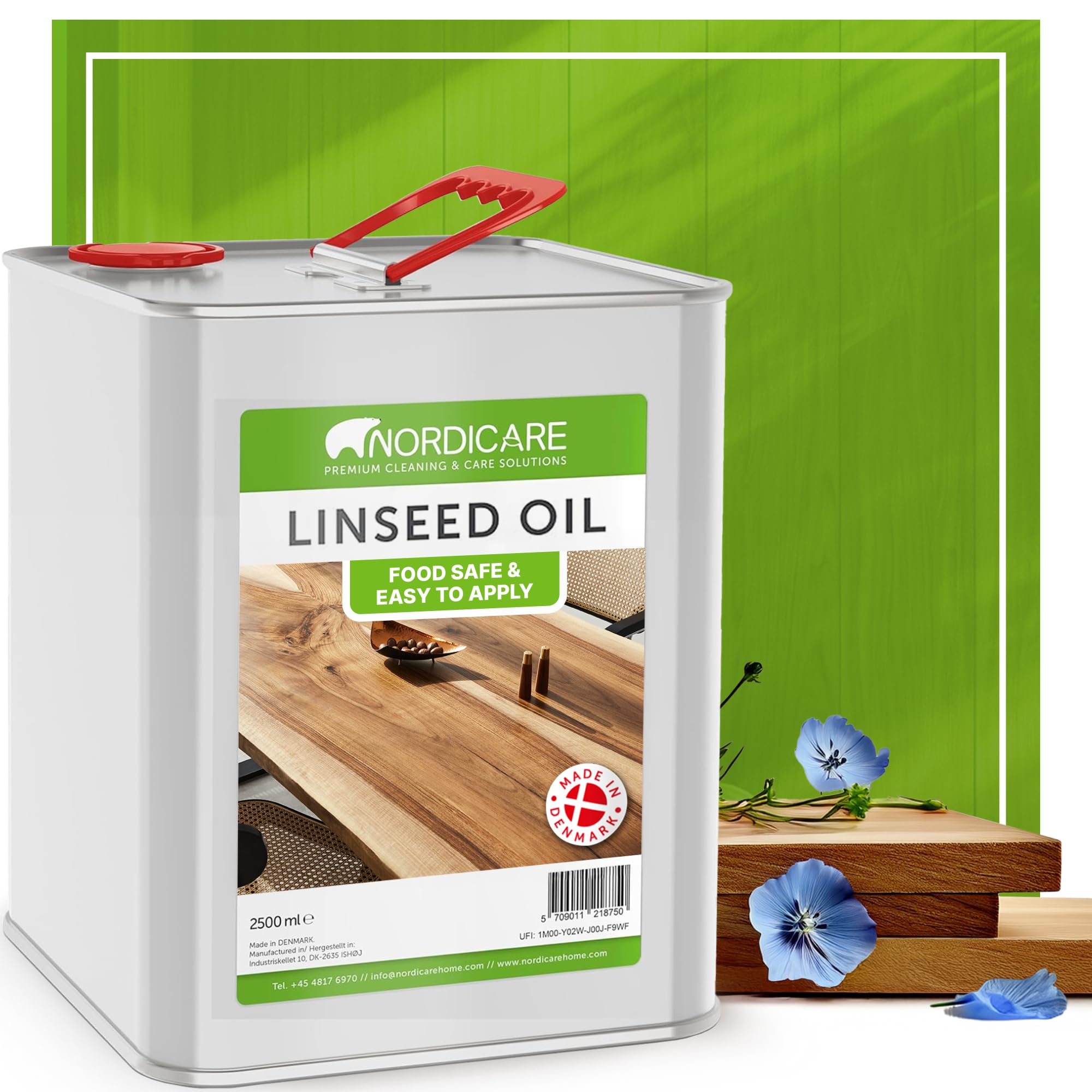 Nordicare Linseed Oil for Wood - 100% Pure & Natural Linseed Oil for the Entire Indoor Area - Food-Safe - Underlines the Original Wood Structure - Made in Denmark (2.5L)