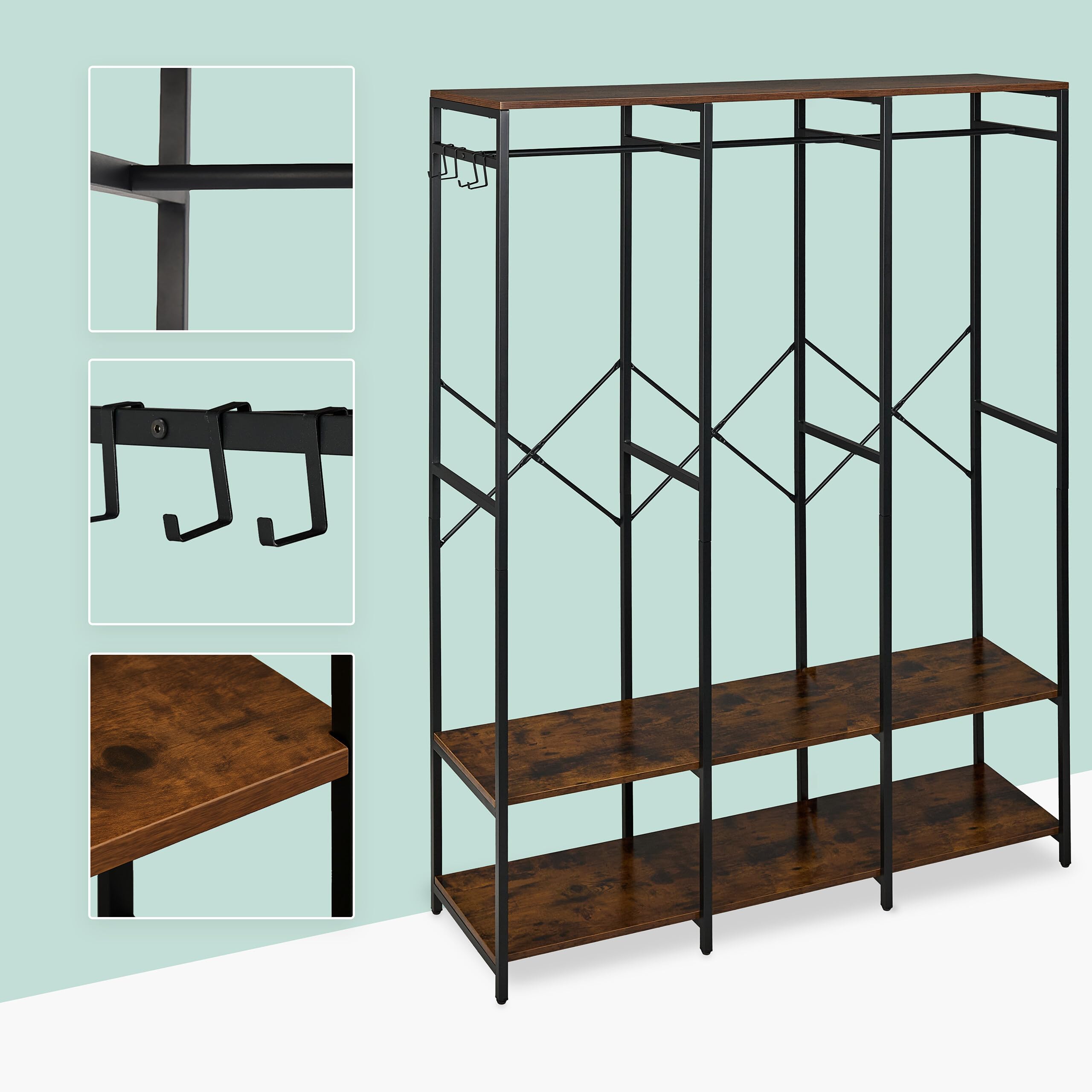 Relaxdays Armadio Aperto Appendiabiti, Guardaroba con Ripiani, Ganci e Barra, 180x141x40 cm, MDF e Ferro, Nero Marrone