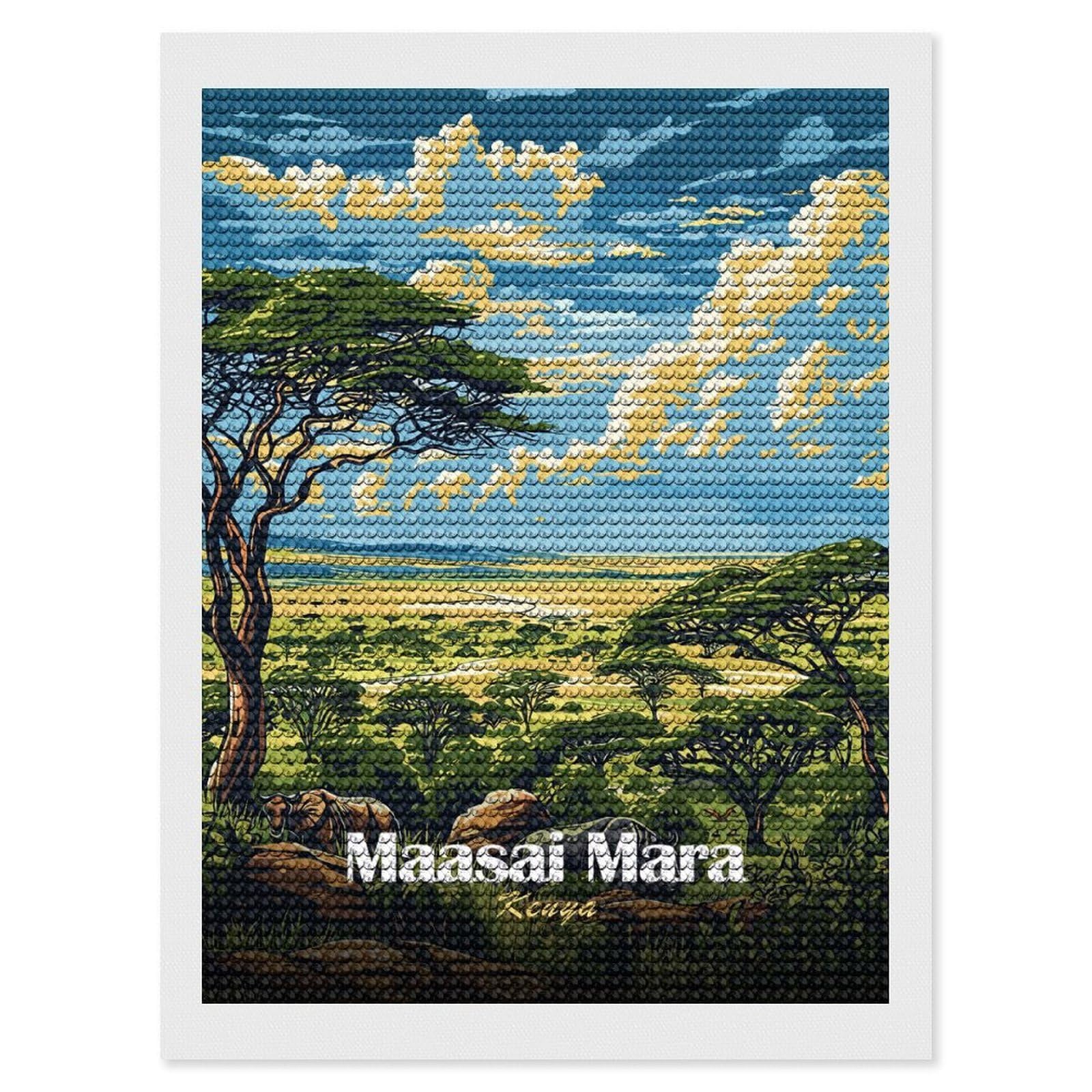 Junmoney Maasai Mara Landscape Diamond Art Canvas 12"x16", for Teens, Nice Detail and Sparkle, Farmhouse Decor, Festive Craft Gift, Easy to Enjoy