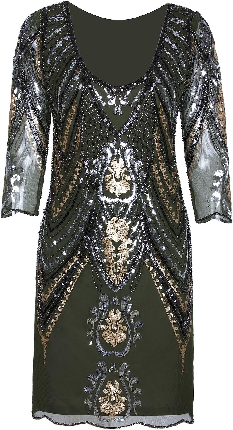 Vijiv 1920s Flapper Dress with 3/4 Sleeve V Neck Squins Cocktail Gatsby Dresses
