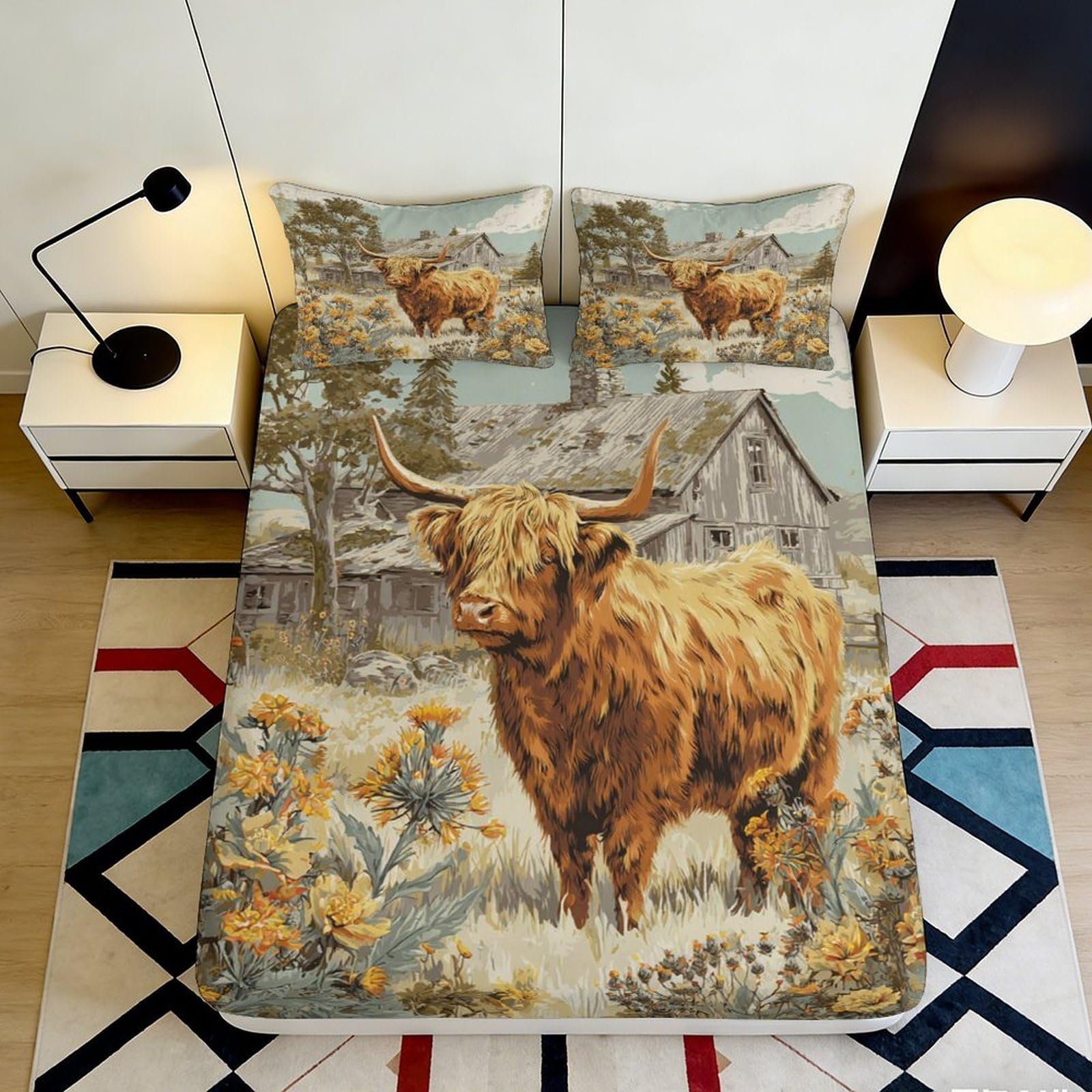 Pnayamiorkfel Style-6 3D Printed Highland Cow Fitted Sheet Microfiber Country Barn Bed Cover For Bedroom Decor Mattress Protection 90X200x25cm