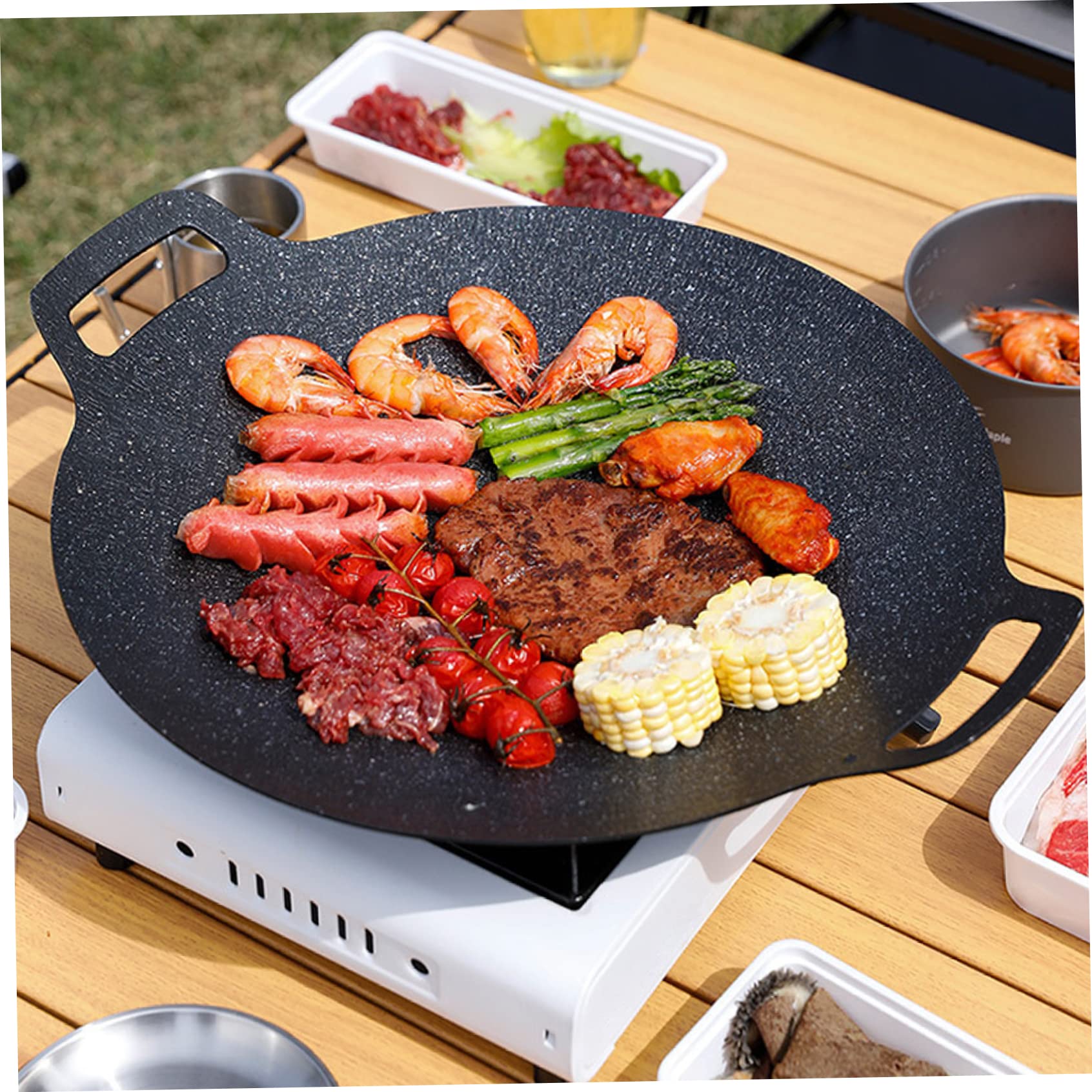 Korean BBQ Grill Pan Non Stick Round Baking Pan BBQ Grill Plate for Home Outdoor Stove 36cm