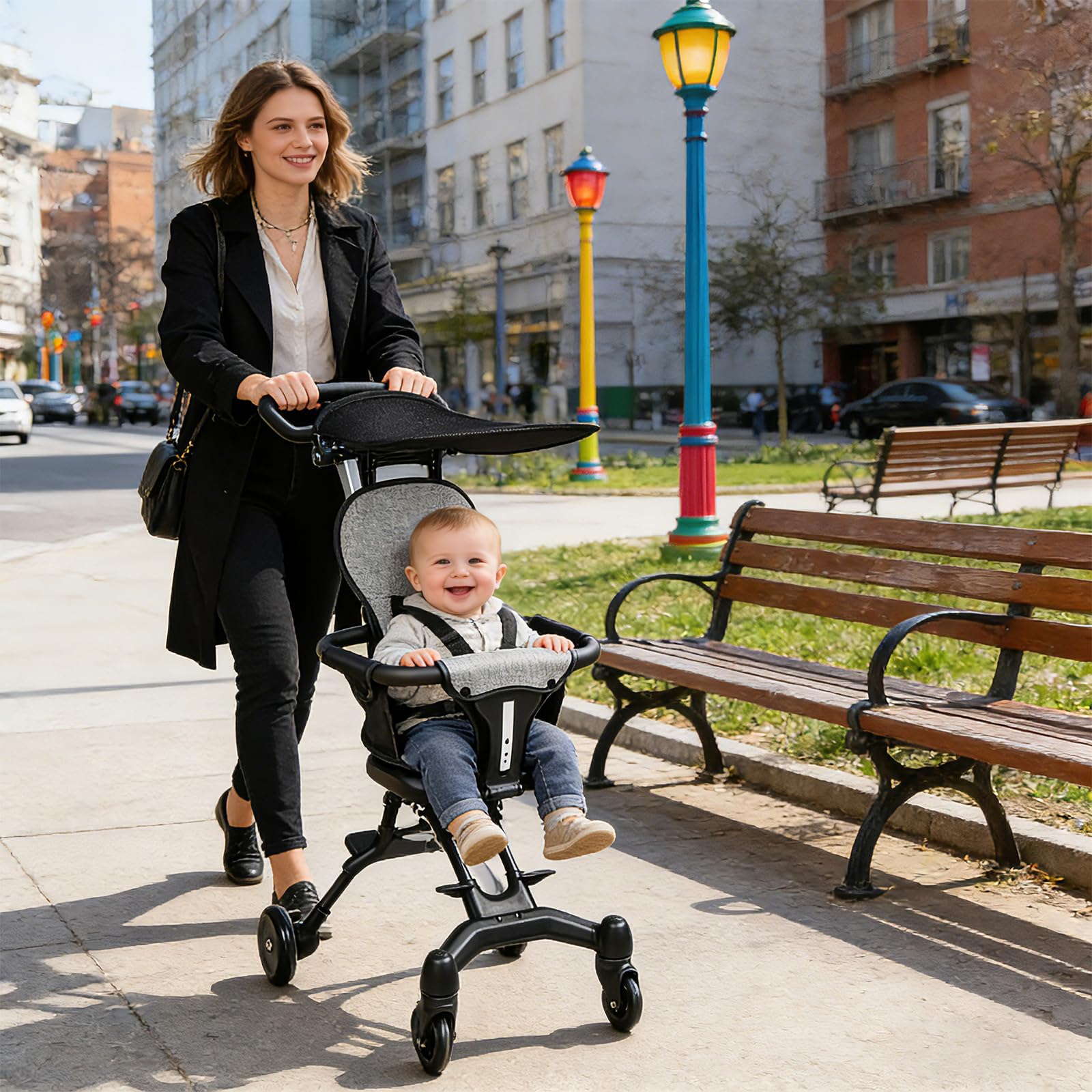 Poussette Bébé Ultra-Légère, de la Naissance à 3 Ans, Siège Réversible, Capote Anti-UV, Compacte pour Voyage et Quotidien,30 * 55 * 86.5cm (noir, pliable)