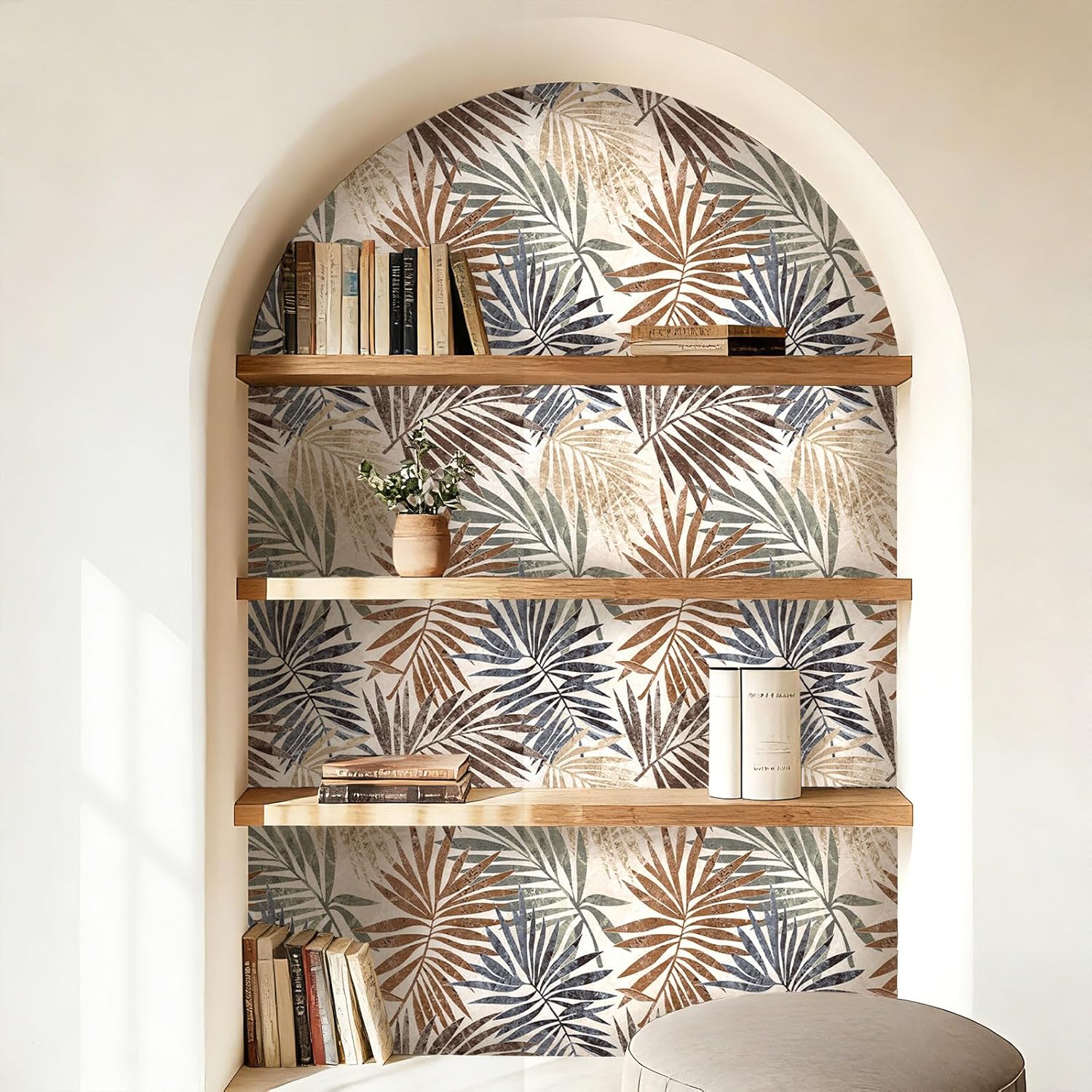 Stickyart Palm Leaf Wallpaper Peel and Stick Luxury Boho Tropical Wallpaper Colorful Removable Vintage Coastal Modern Palm Contact Paper Neutral Leaf Wall Paper for Cabinet Shelf Liner 17.5"x80"