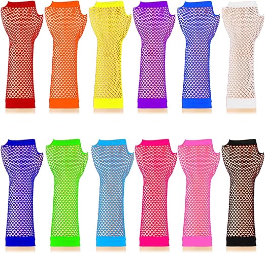 TecUnite 12 Pairs Fishnet Gloves Fingerless Neon Gloves for Women Men 80s Party Costume Accessories Supplies