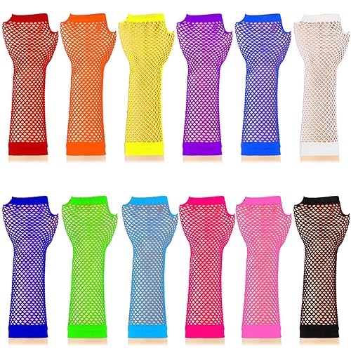 TecUnite 12 Pairs Fishnet Gloves Fingerless Neon Gloves for Women Men 80s Party Costume Accessories Supplies - Simple Style