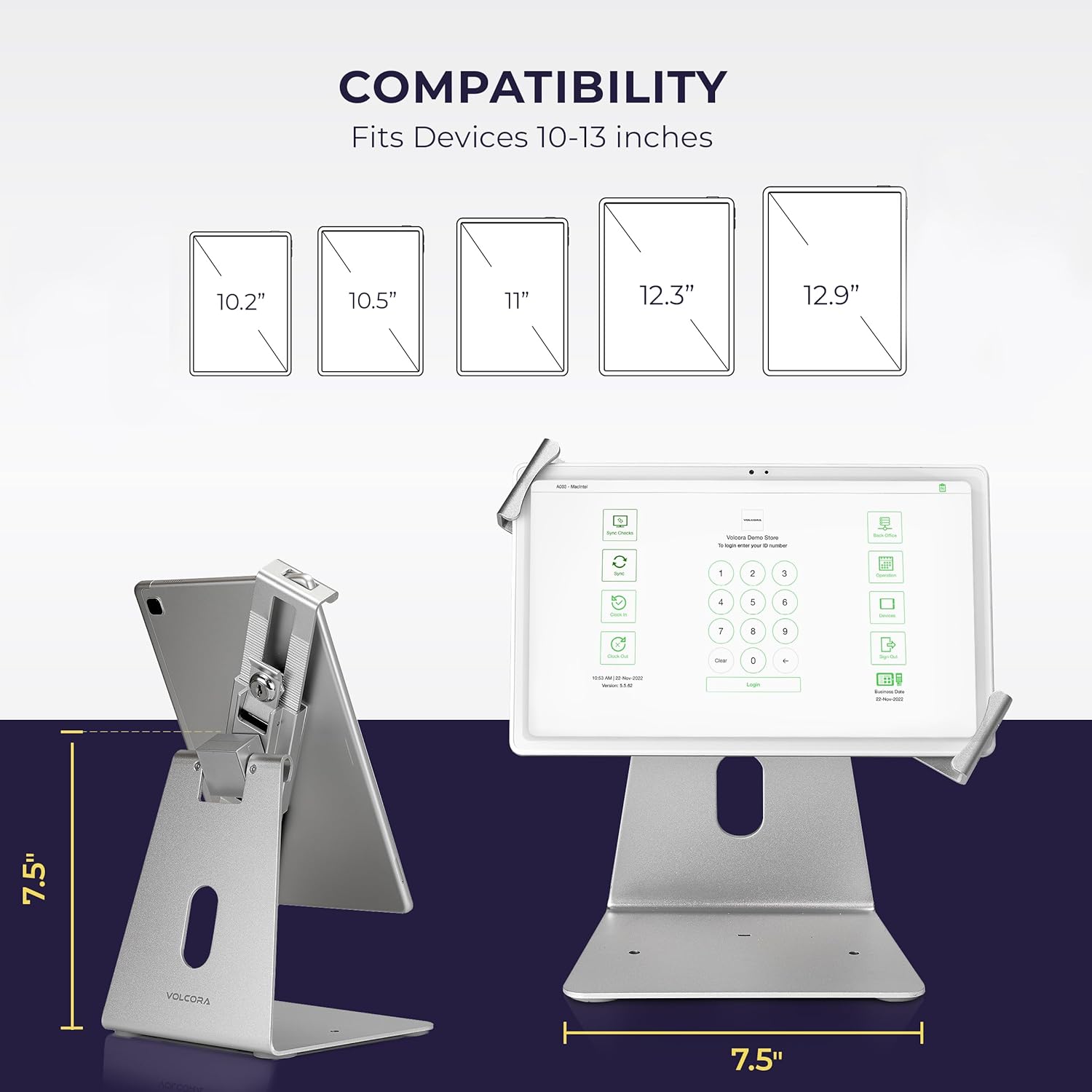 Volcora Anti-Theft Tablet Stand iPad Kiosk Stand with Lock, Silver 10-13'' iPad Stand for Desk, Swivel, Adjustable iPad Holder For Desk, iPad Mount For Desk For POS Register, Retail Business, Cashier