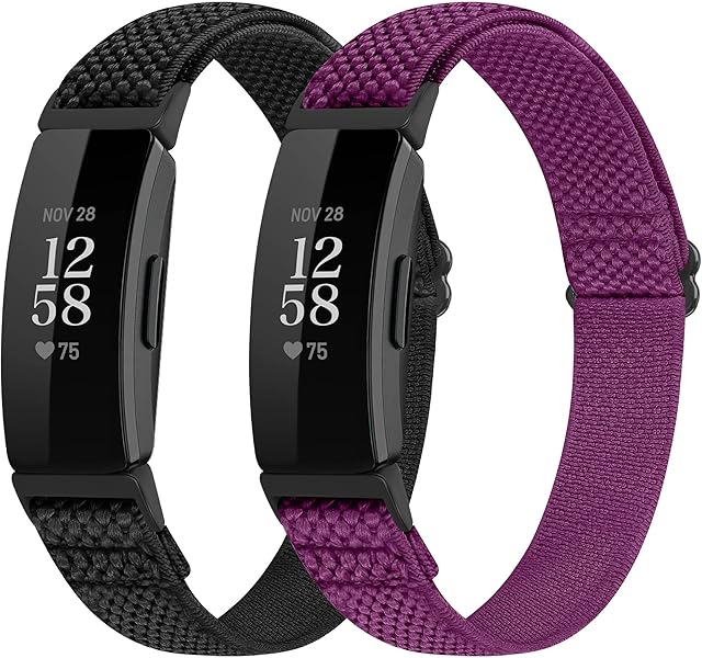 SHIJZWD Adjustable Elastic Watch Strap Compatible with Fitbit Inspire 2/Fitbit Inspire/Inspire HR, Soft Breathable Nylon Sport Band Stretchy Replacement Wristband Women Men ( Black + Purple)
