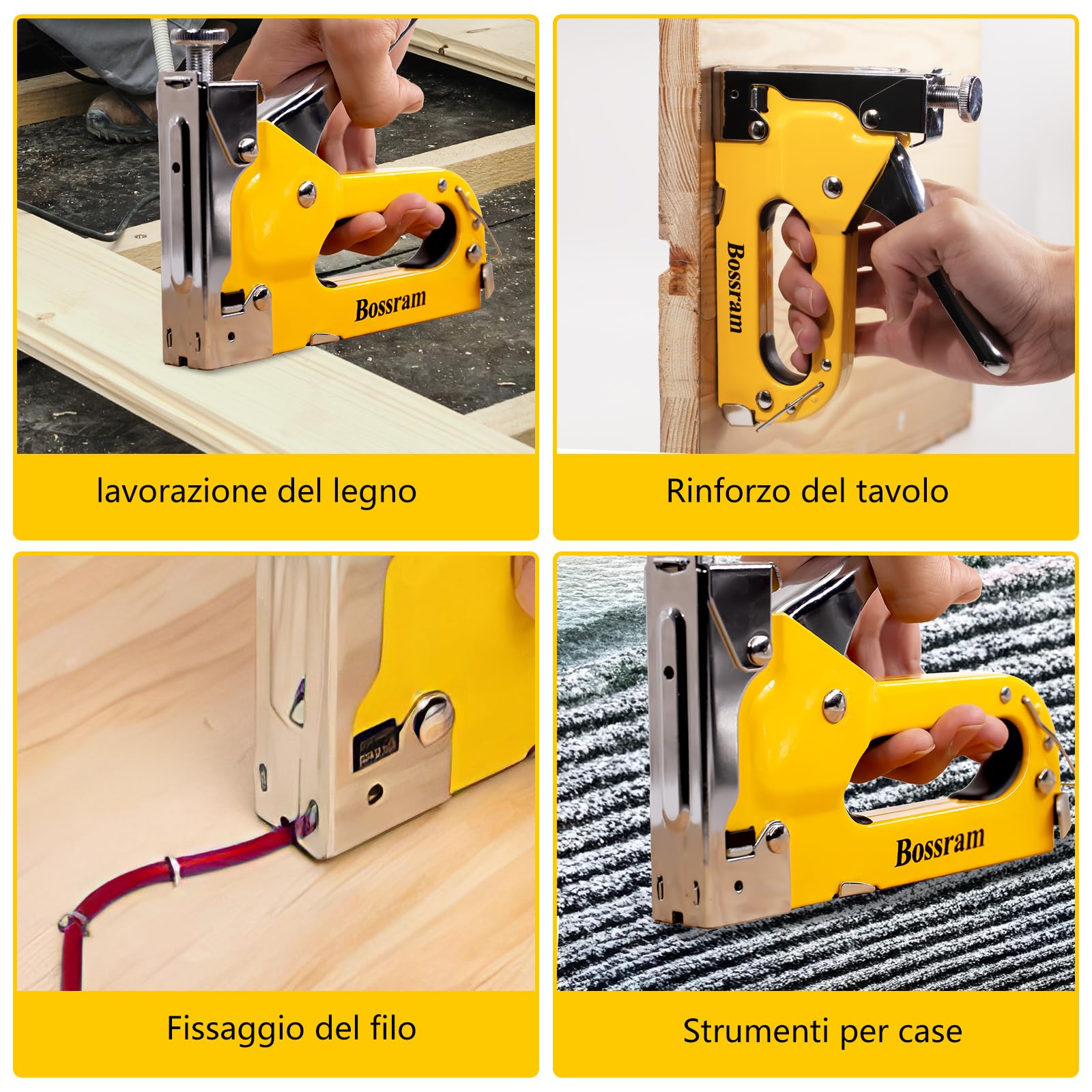 Tutee 3 In 1 Hand Staple Set Graffettatrice Per Legno，Scatola 300 Chiodi，Adatto Per Decorazioni Di Interni, Decorazioni Per La Casa, Materiali Di Fissaggio, Spillatrice Per Legno (Giallo)