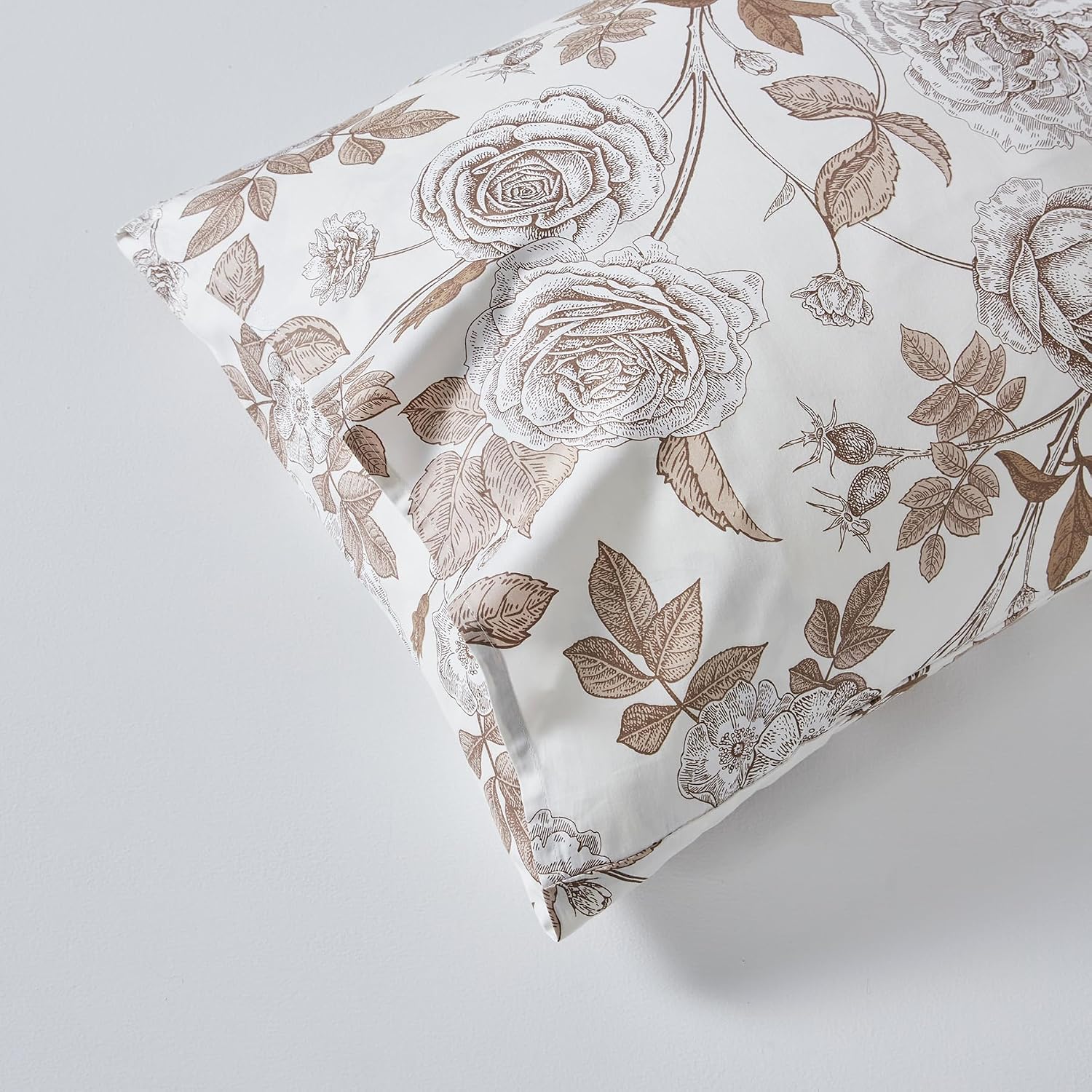 YuHeGuoJi Taupe Floral Duvet Cover Queen 100% Egyptian Cotton 3 Pcs Set 1 Brown Botanical Duvet Cover with Zipper Ties 2 Pillowcases Vintage Plant Rose Flower Bedding Set Soft