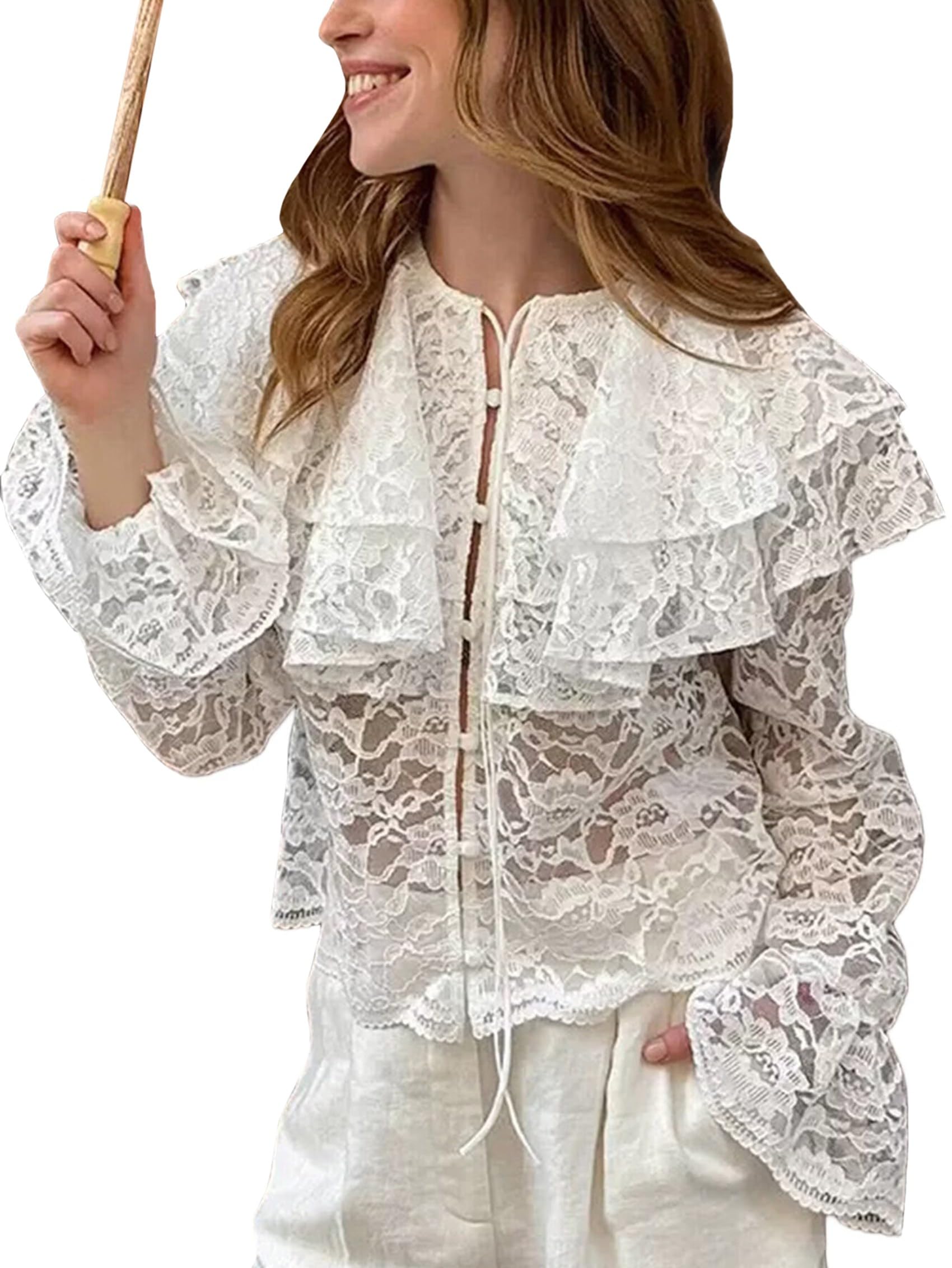 Top de Encaje con Lazo Frontal para Mujer, con Volantes, Larga, Holgado, para Salir