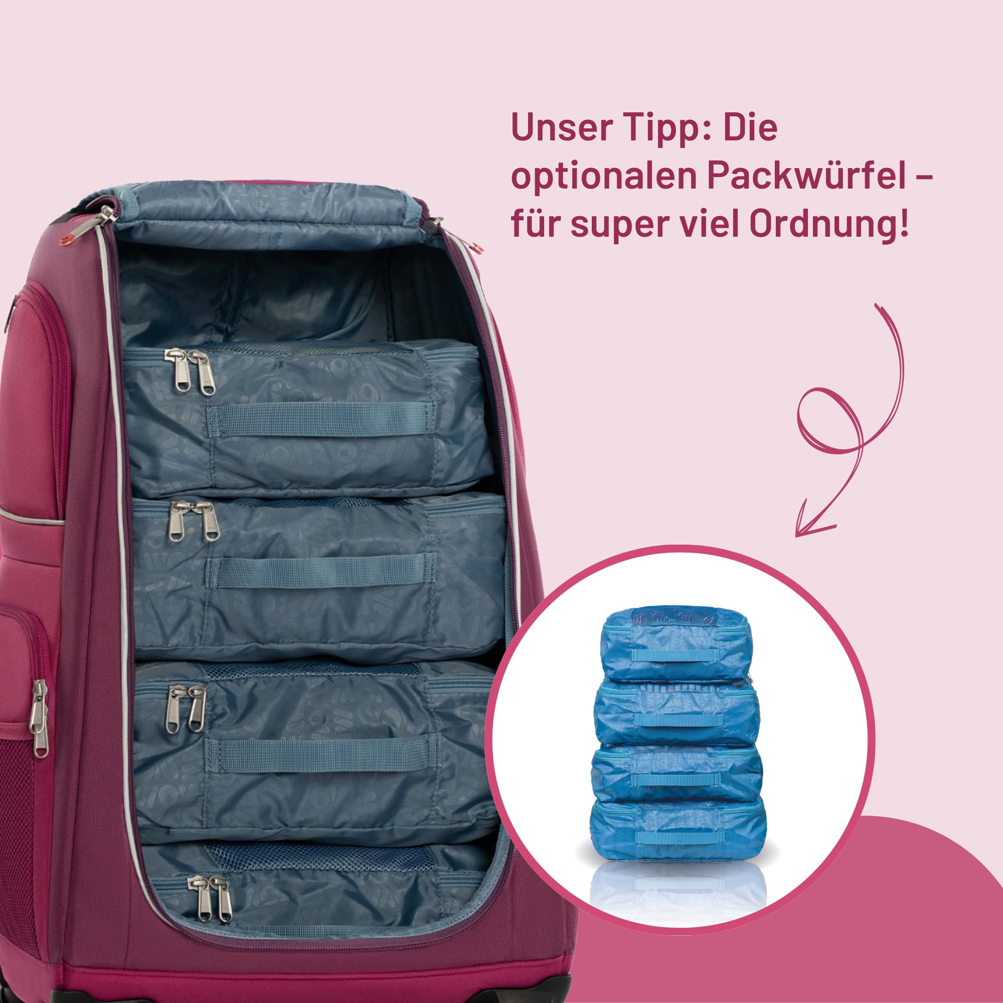 Kinder-Schranktrolley – Koffer mit Einlegeböden, Rollen & Teleskopgriff – mobiler Kleiderschrank für Kinder – 50L Trolley für Reisen, Urlaub & Übernachtungen (Berry)