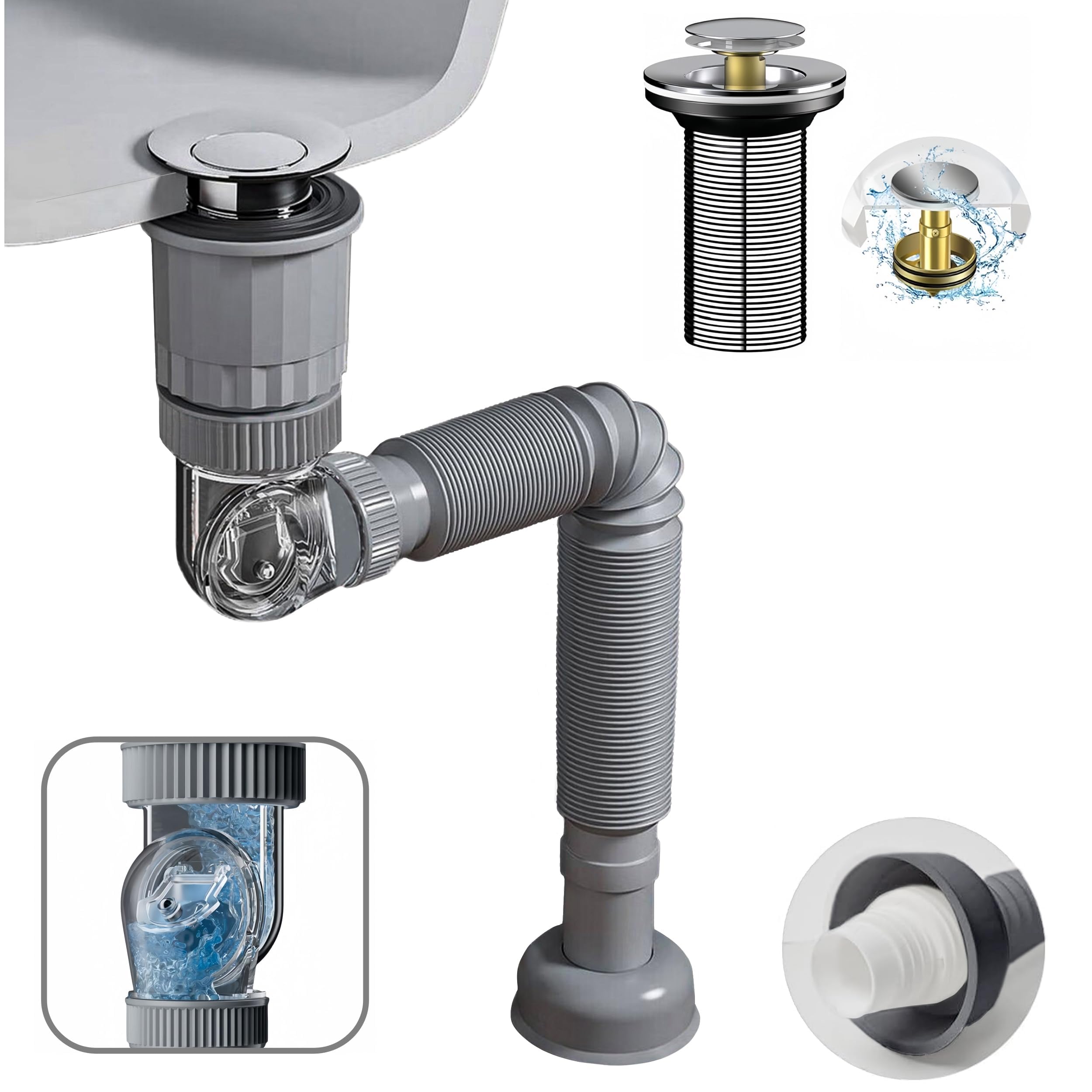 TERRIFI Bathroom Sink Drain Pipe Kit, 3 in 1 Plumbing Solution, Fits 1-1/4'' & 1-1/2'' Drain Holes, Anti-Odor and Anti-Backflow, Space-Saving Design Ideal for Bathrooms, RVs, and Kitchens