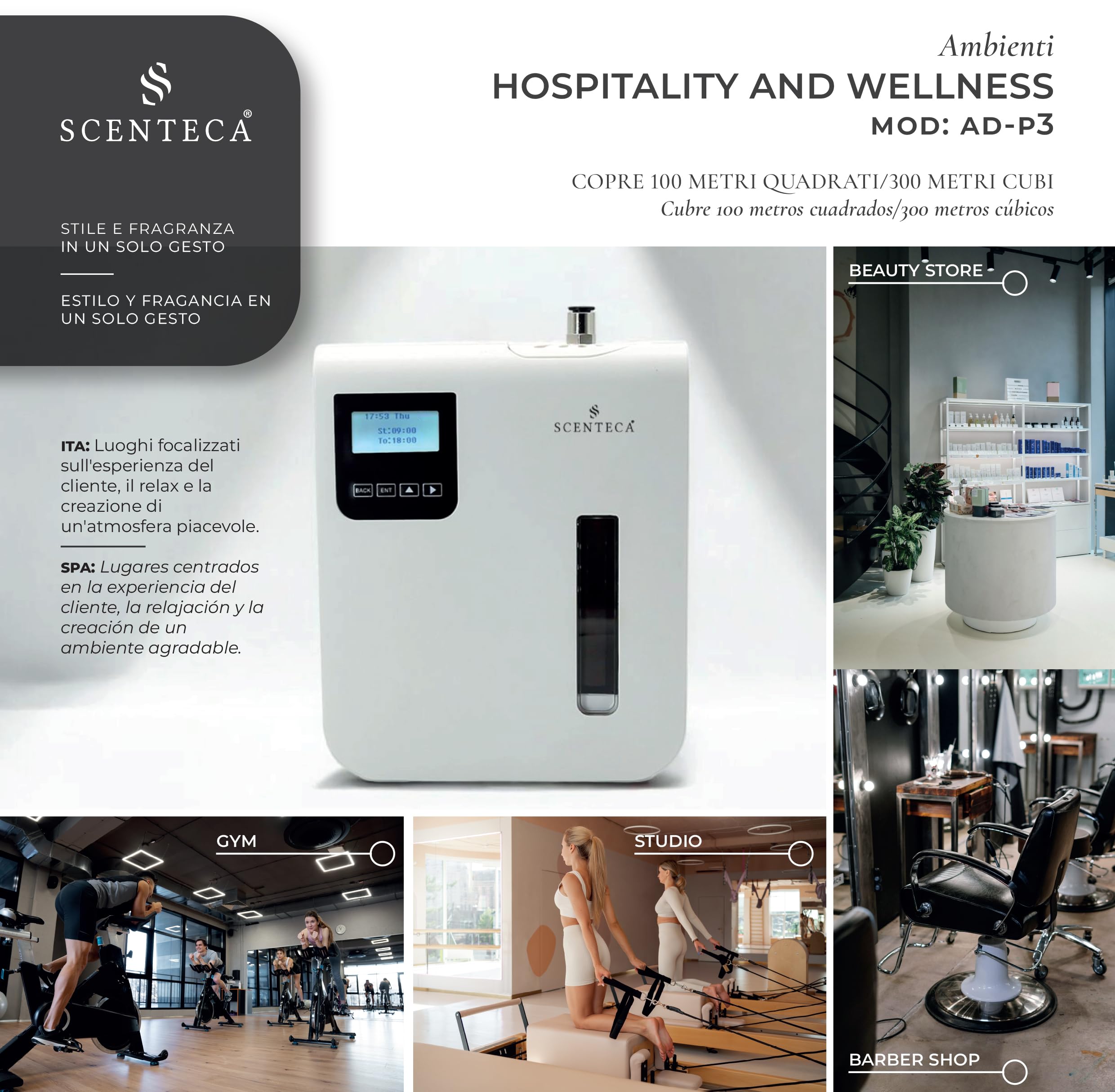 SCENTECA Difusor eléctrico de aceites esenciales Modelo AD-P3, con fragancia de Té Blanco y Flores de Primavera incluida, nebulización en frío, cobertura de hasta 100 m², para casa y oficina (100 ML)