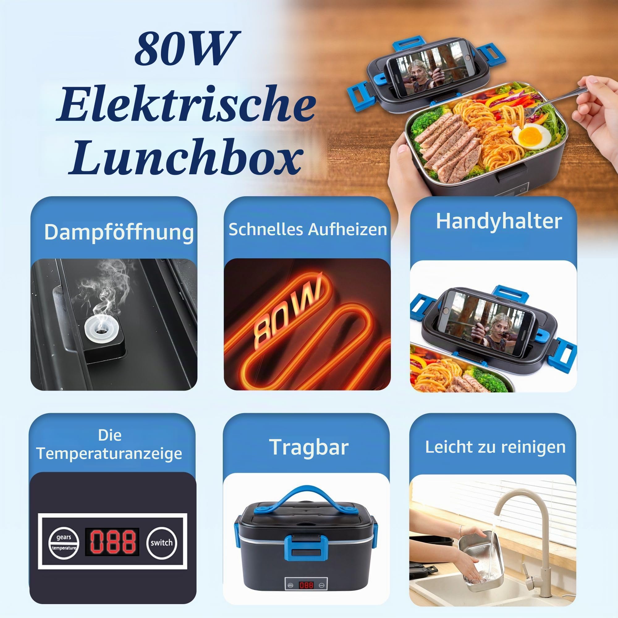 Elektrische Lunchbox mit Anzeige Temperatur 100W, 1,8L 12/24/230V