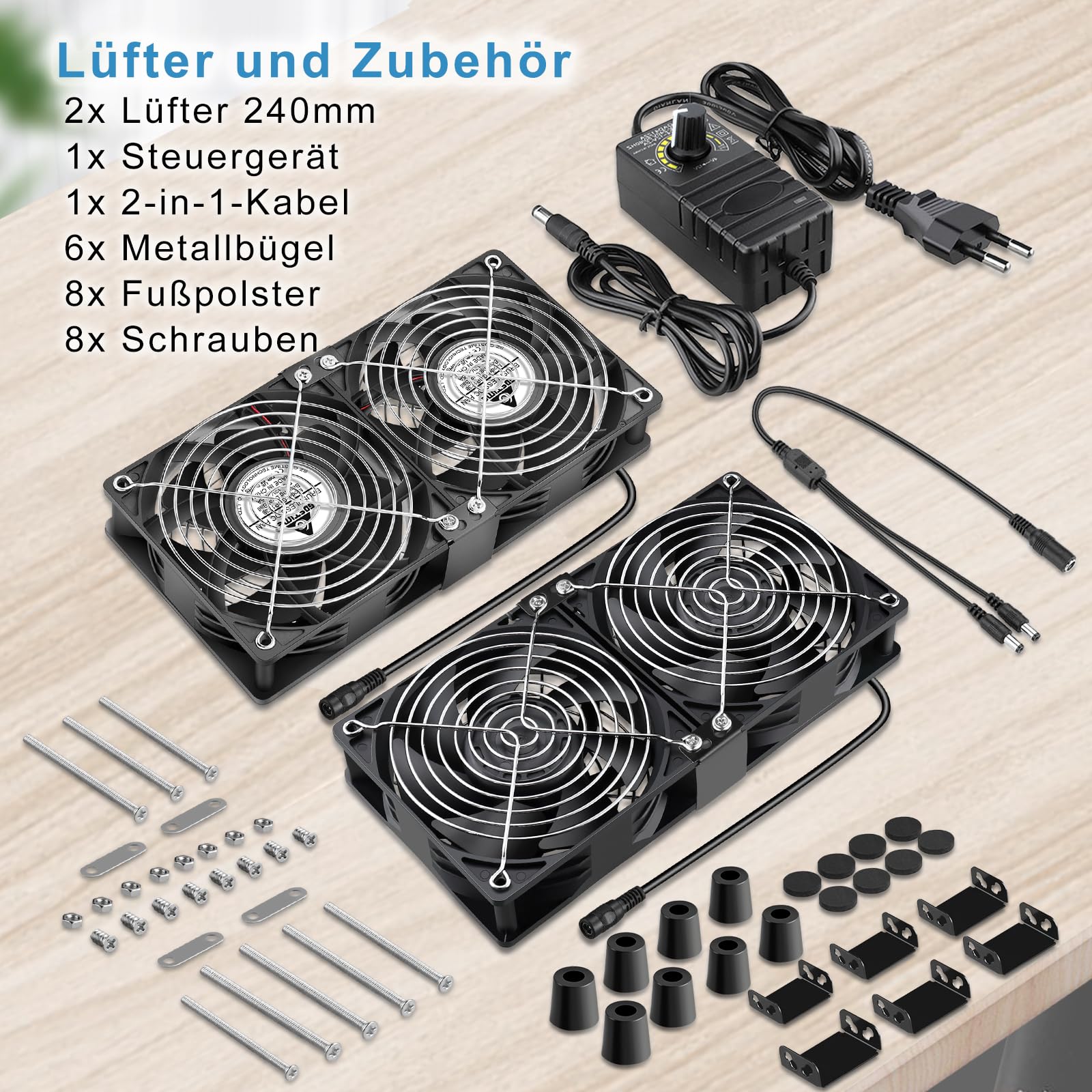 GDSTIME Lot de 4 ventilateurs de 120 mm - 230 V - Grand flux d'air - 120 mm x 38 mm - 220 V CA axial - Avec prise CA 4 V - 12 V - Vitesse réglable pour armoire de serveur et garage