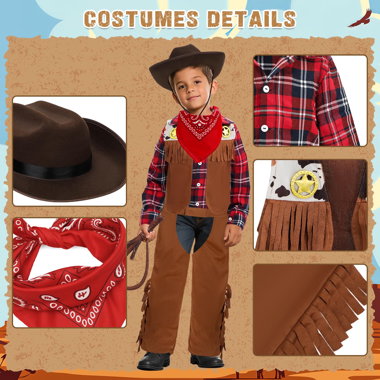deAO Cowboy Costume Set for Kids Children's Western Cowboy Accessories with Hat Vest Fancy Dress Costumes - Image 4