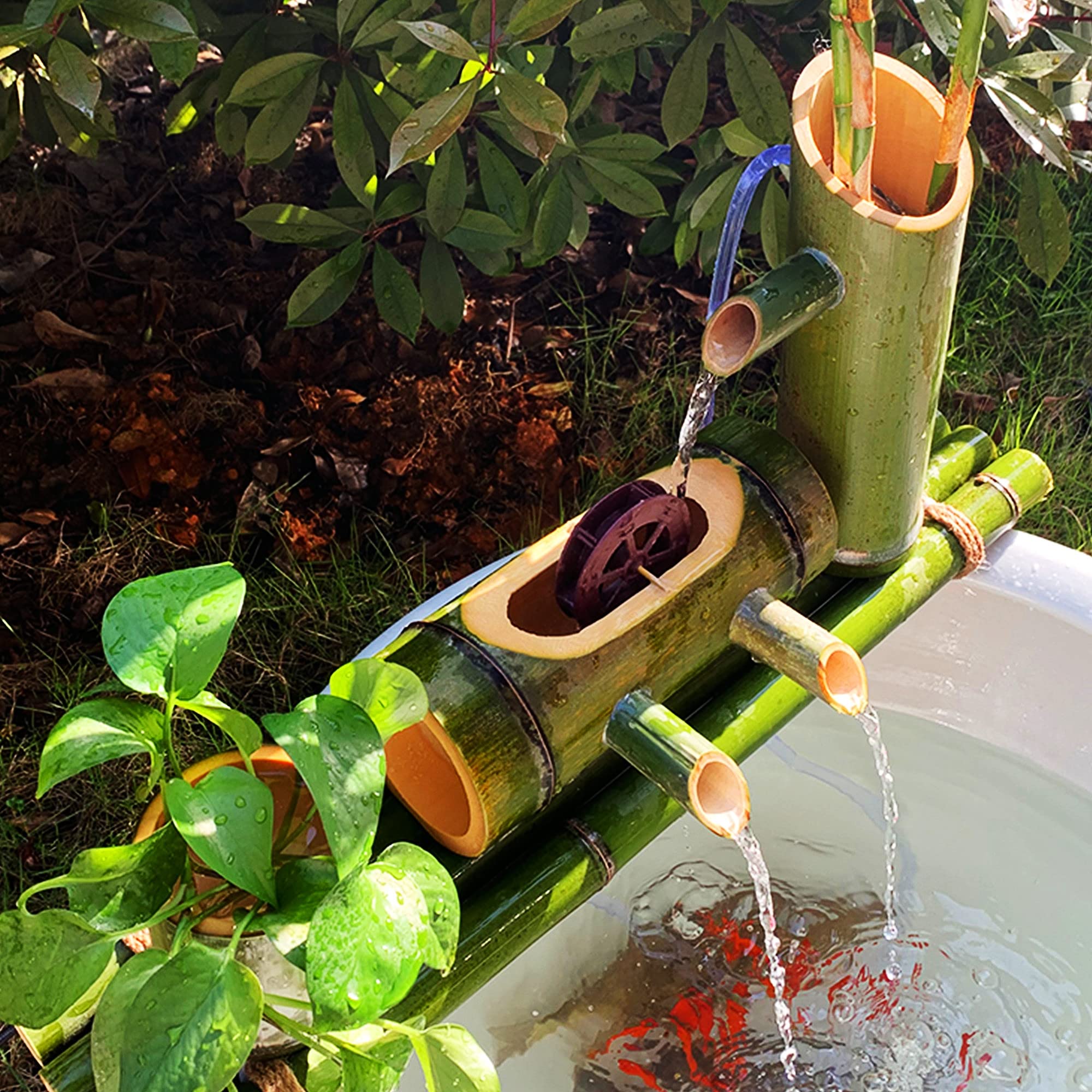 asdchZen 60Cm Outdoor Bamboo Fountain Kit With Pump & Waterwheel, Garden Decor Water Feature Landscapes, Home Fountain Ornaments, Water Circulation System