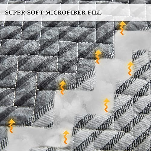 Vista 42 de Flysheep Juego de edredón bohemio a rayas tamaño King, colcha reversible de 3 piezas en gris y blanco, colcha de microfibra cepillada para todas