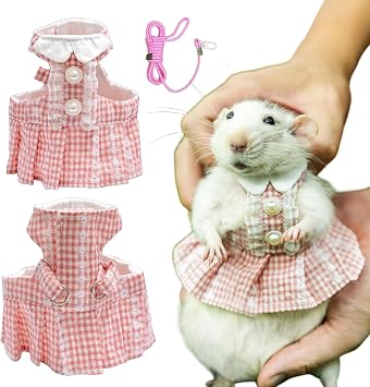 SMOLKITH Fancy Rat Clothes, Pet Rat Adjustable Pink Plaid Button Up Dress with Leash, Small Animal Apparel for Walking, Fits Guinea Pigs,Chinchillas,Meerkats,Rabbits and More- Size L