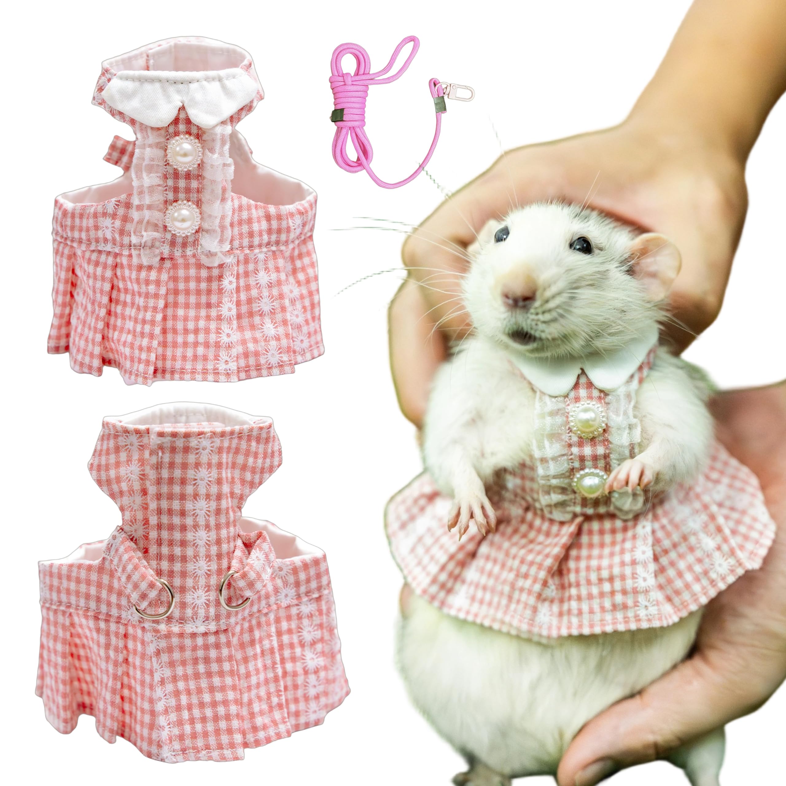 SMOLKITH Abbigliamento per Ratti Domestici, vestito rosa a quadri con bottoni taglia L regolabile con guinzaglio, per porcellini d'India, cincillà e suricati