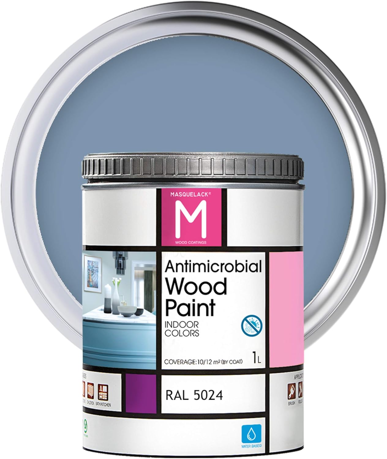 Pintura para Muebles de Interior - Color Azul - RAL 5024 - Formato de 1 Litro - Protege y Embellece la Madera Frente a Manchas - Aporta una Película Protectora Antimicrobios - Secado Rápido