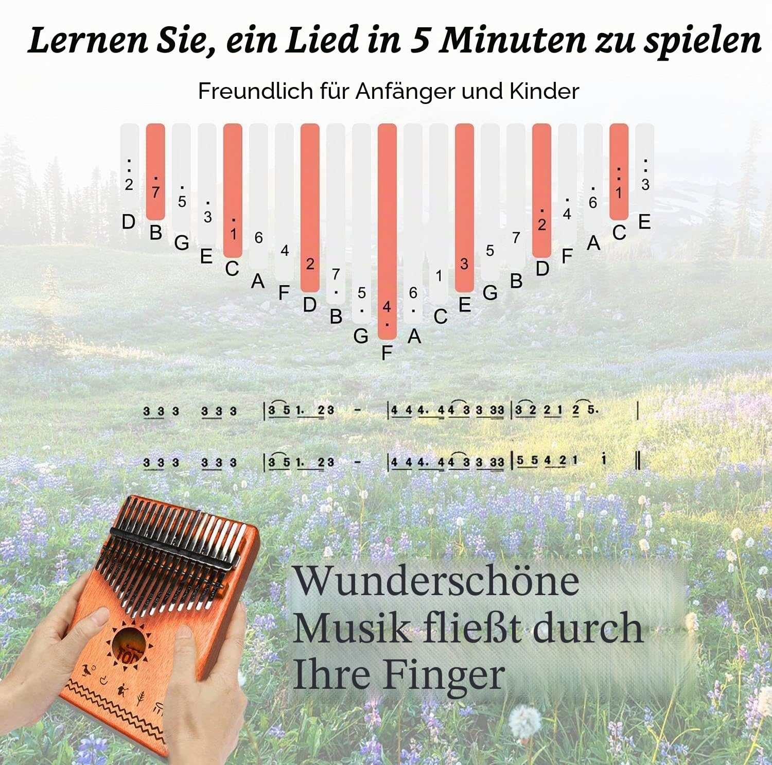TODO Kalimba Daumenklavier mit Mahagoni-Holz mit Stimmhammer und Fingerabdeckungen & mehr Lernanleitung