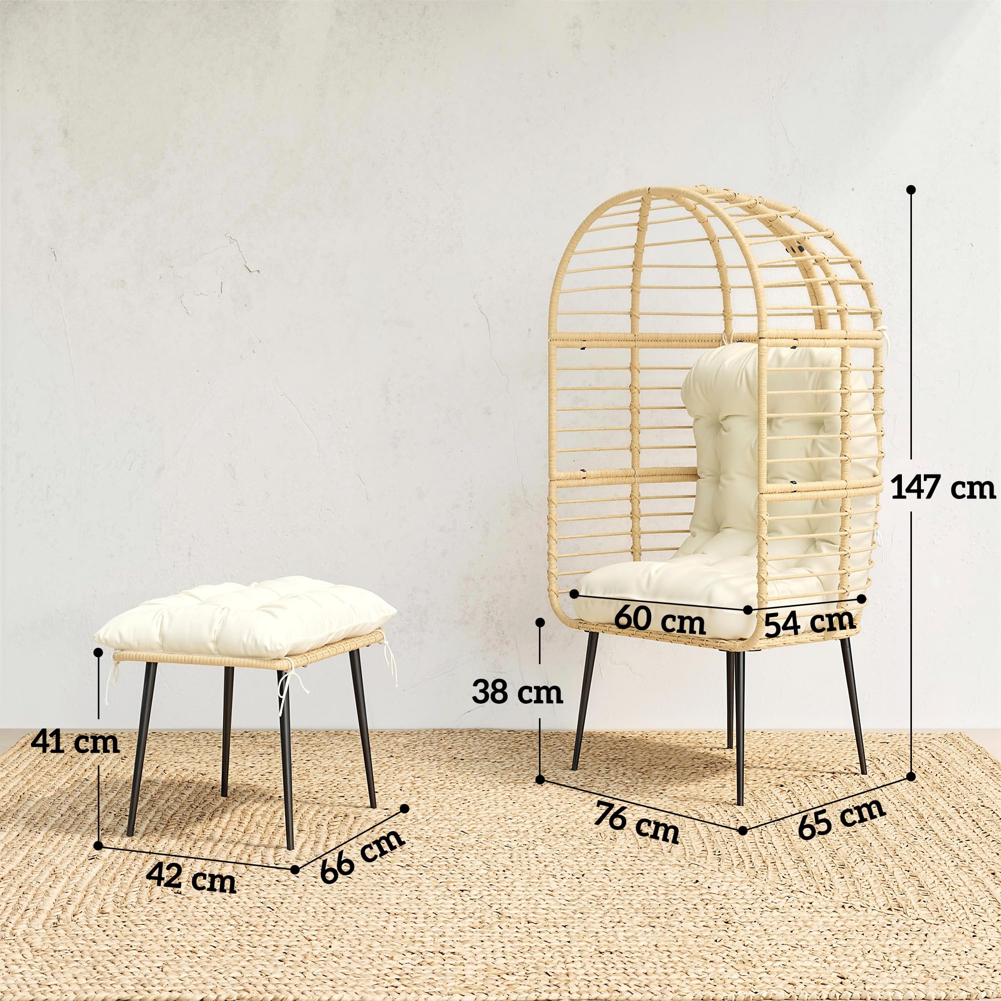 Outsunny Fauteuil de jardin avec tabouret en forme d'œuf - Avec coussins longs et épais - Cadre en métal - Style bohème - Pour salon, jardin, balcon, terrasse - Beige